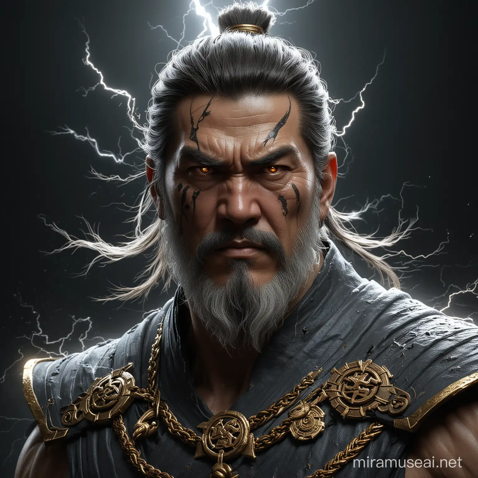 Zeus he looks more like old Chinese, eyes radiating, full body portrait, lightning, thunderbolts clasped, stark black background, inspire narratives on power, mythology, legends in modernity, invite creative interpretation, storytelling, artistic expressions reflecting intensity, ancient meets contemporary, his body is full of Chinese symbol, dynamic, electrifying, volumetric lighting, ultra realistic., trending on artstation, sharp focus, studio photo, intricate details, highly detailed, by greg rutkowski