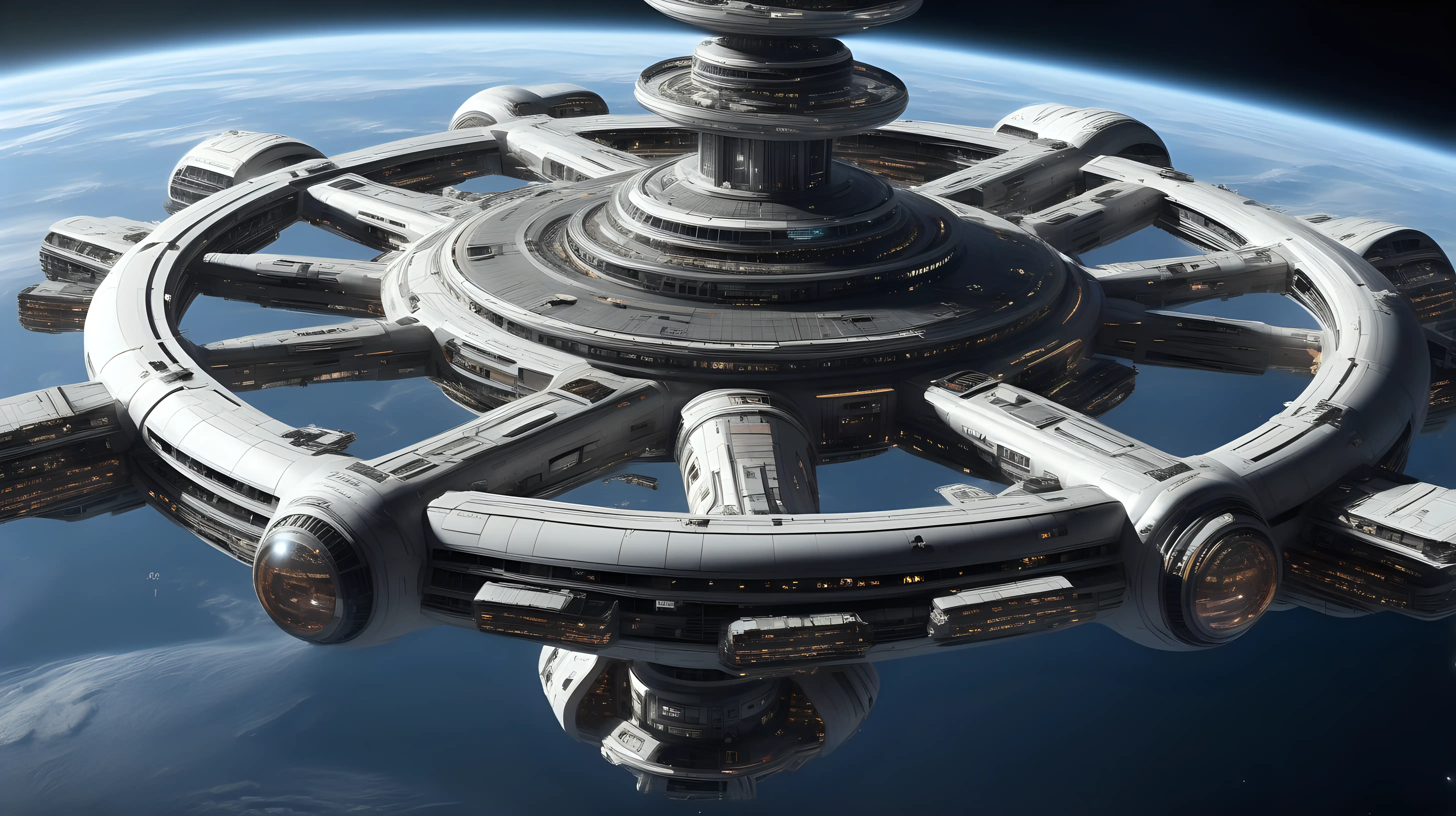 ultra-realistic high resolution and highly detailed photo with depth-perception of a futuristic extremely large rotating space station big enough for a population of 5000, there are space ships docked at the station