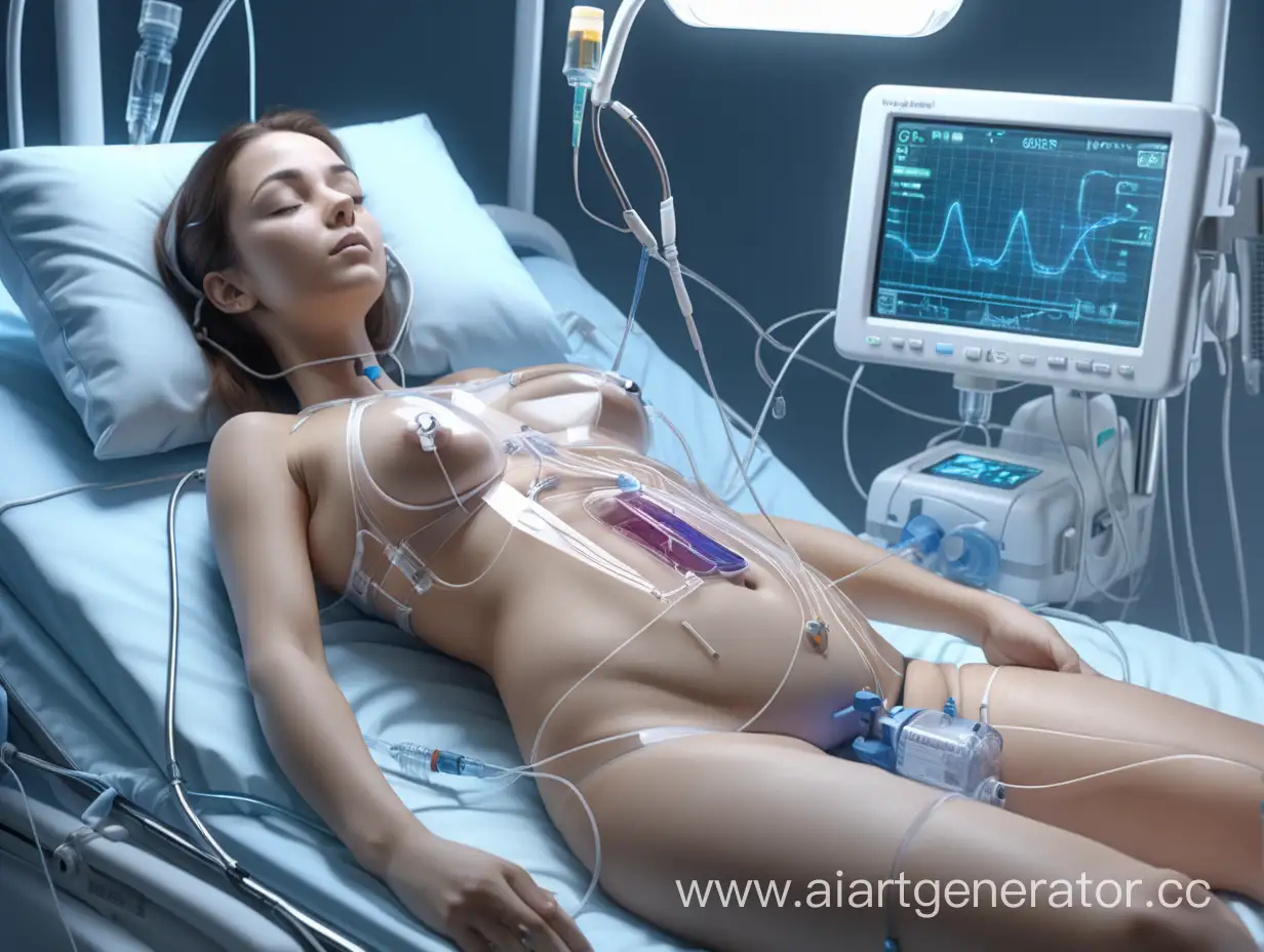 Adult woman lying in a futuristic medical bed. A catheter tube is inserted into her bladder through her genitals. The catheter drains her urine through a clear tube into a nearby container. Her heart is being monitored with electrocardiogram electrodes attached around her chest, connected to wires. She is wearing a transparent bra. Medical devices monitor her vital signs and breathing. She is overweight.
