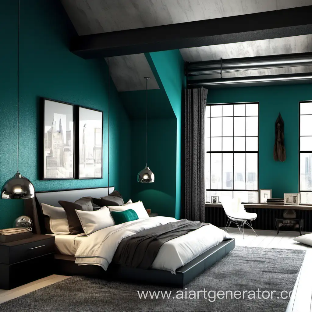 Loft interior design master bedroom with an accent dark turquoise wall  for young men