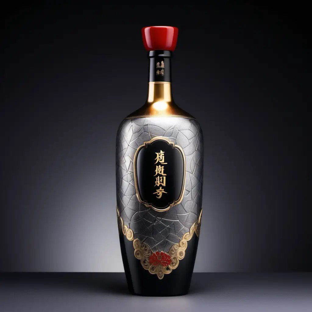 Taiwan liquor bottle packaging design, high-end wine, special bottle shape, opaque ceramic, exquisite product photo image, high details, silver and black texture, little golden and red decoration