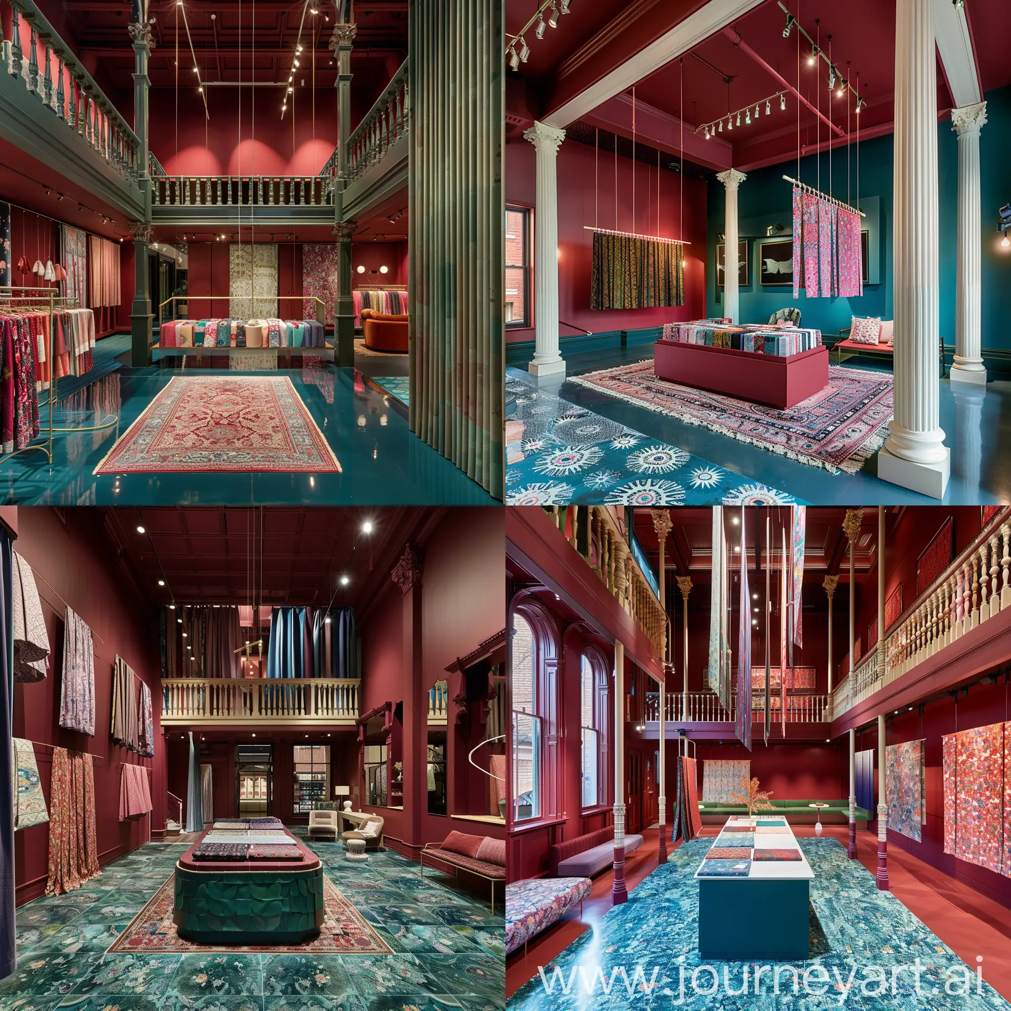 Fabric showroom with an modern interpertation of victorian heritage houses with baluster details, an oxblood red wall and ceiling and rookwood blue green flooring, an integrated hanging fabric display, fabric display island in the middle of the space and a seating area in the space.