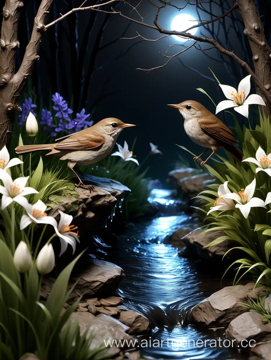весна, ручей, цветы, 2 птицы соловьи, ночь, реалистичная, высокая детализация, высокое качество