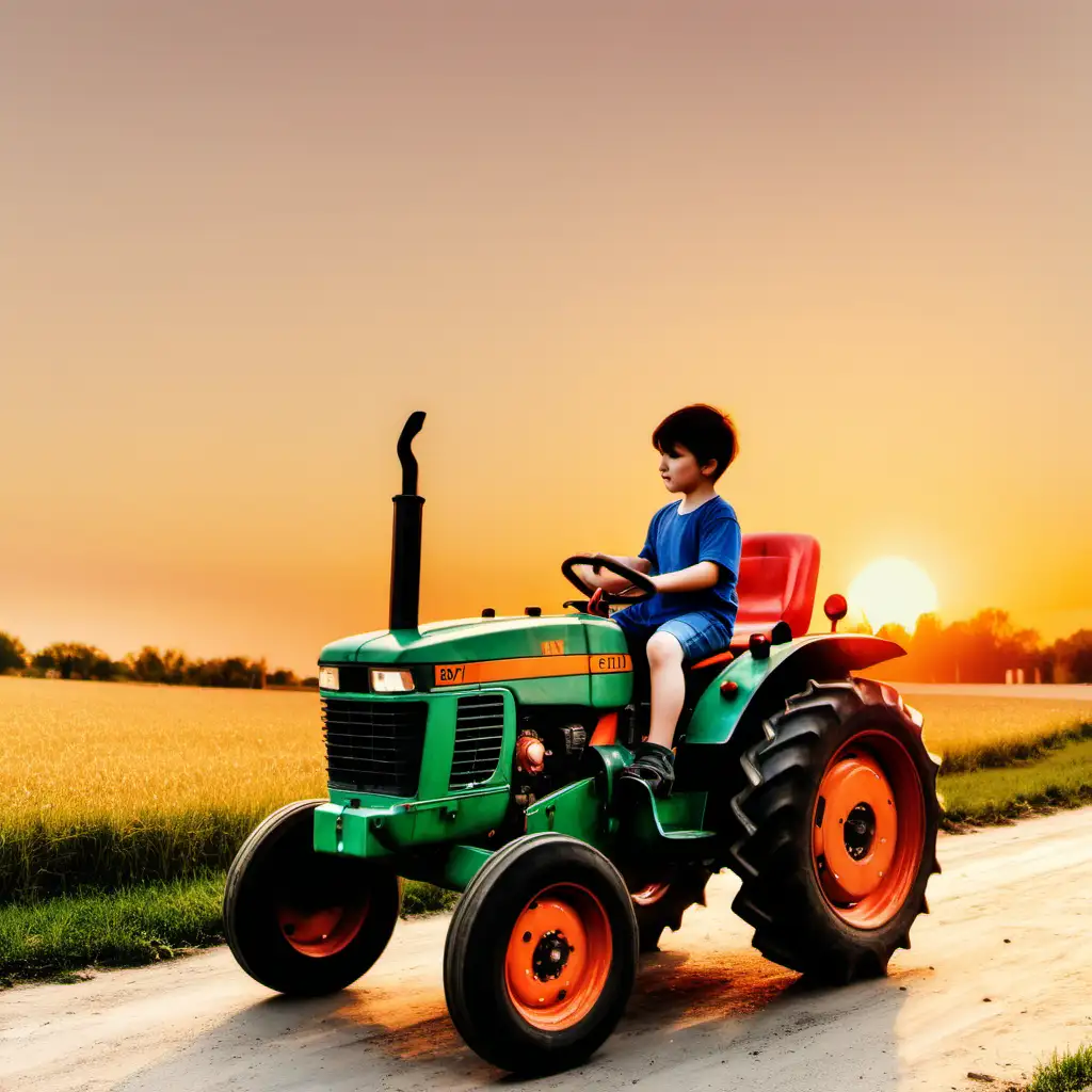 Boy child riding a tractor at sunset