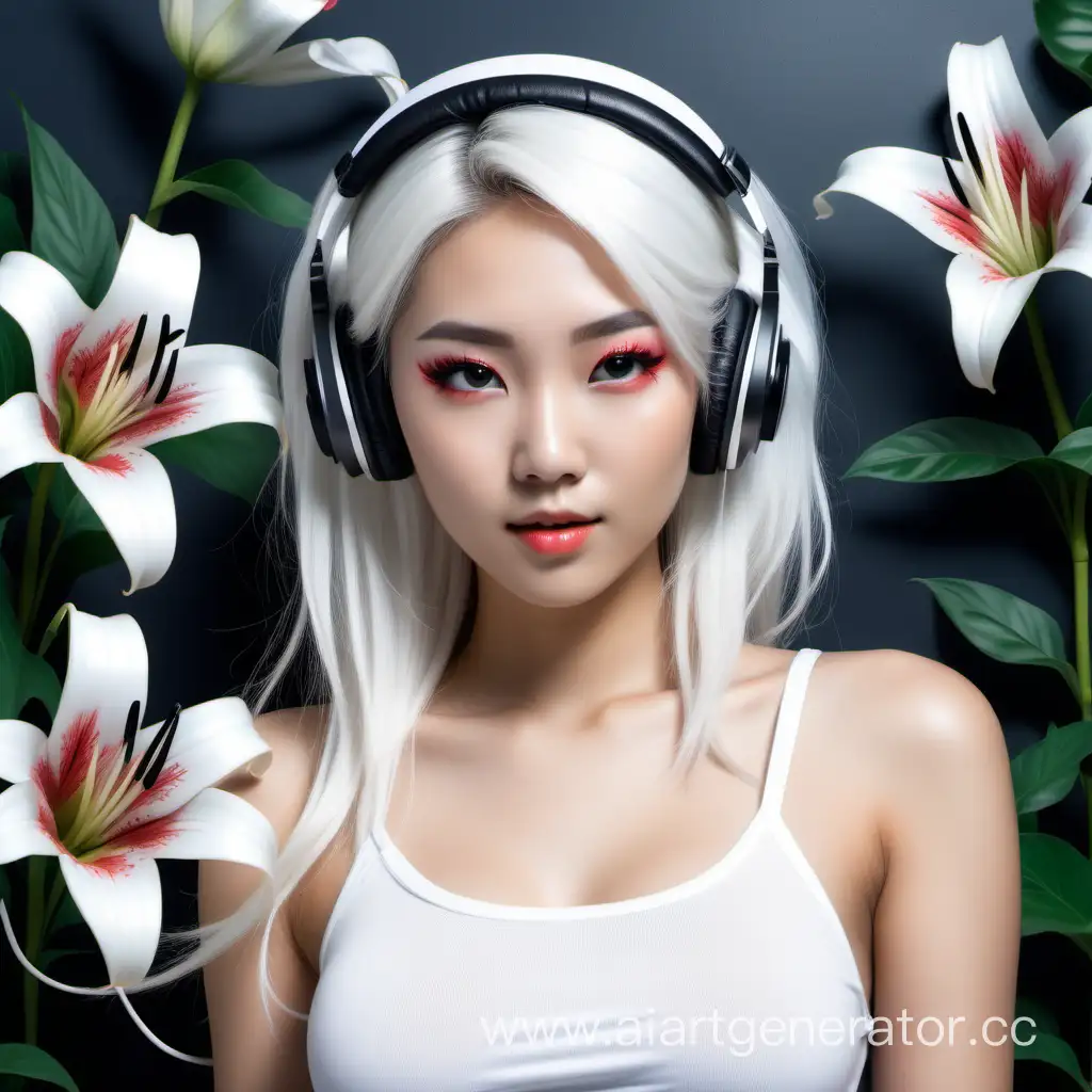 Stylish-Asian-Girl-with-White-Hair-and-Headphones-Among-Lily-Wall