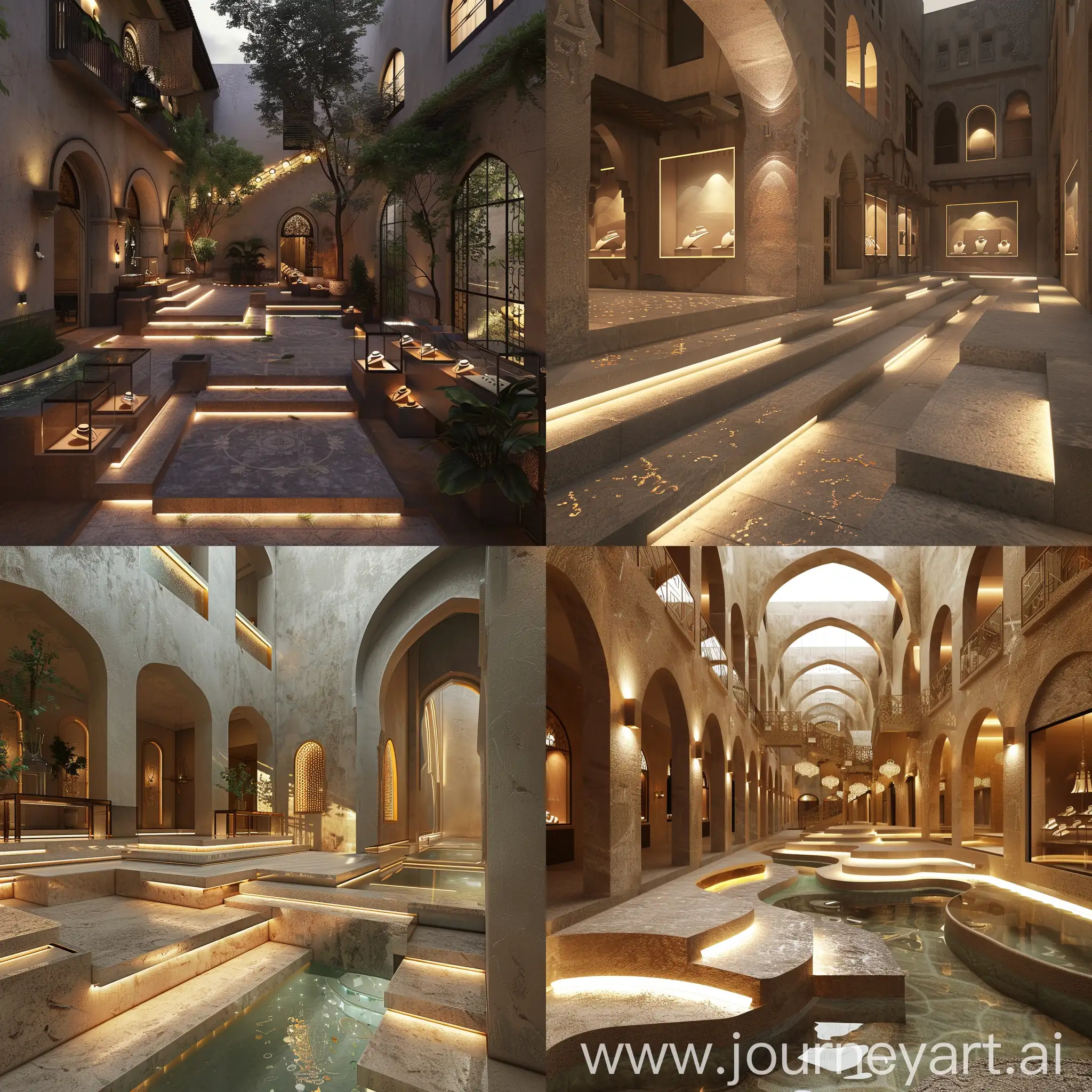 landscape urban design inner court of jewelry shops with steps in different level and led light between them with Hijazi Arabian style