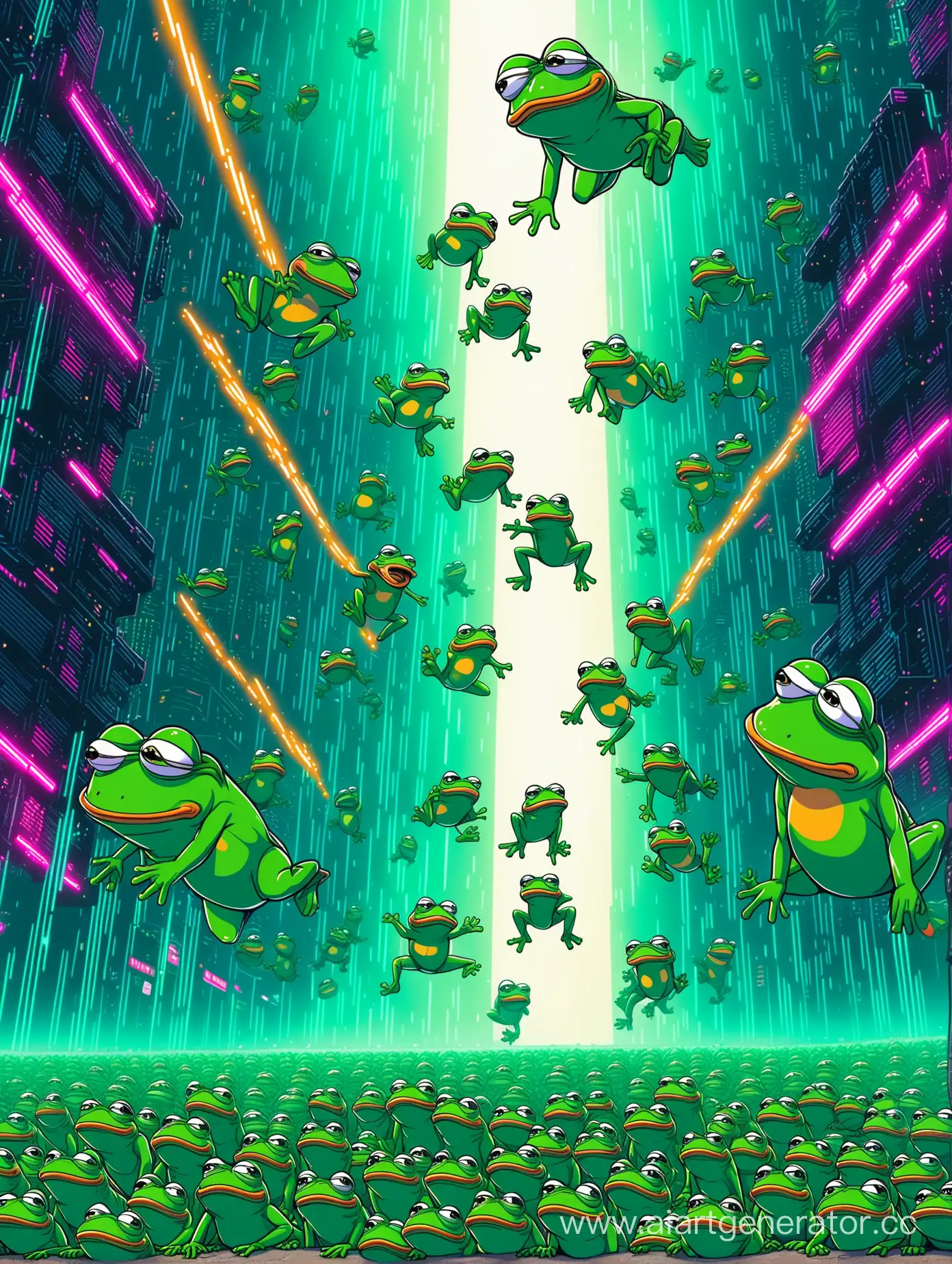 Cyberpunk-Style-Pepe-Frogs-Descending-from-the-Sky