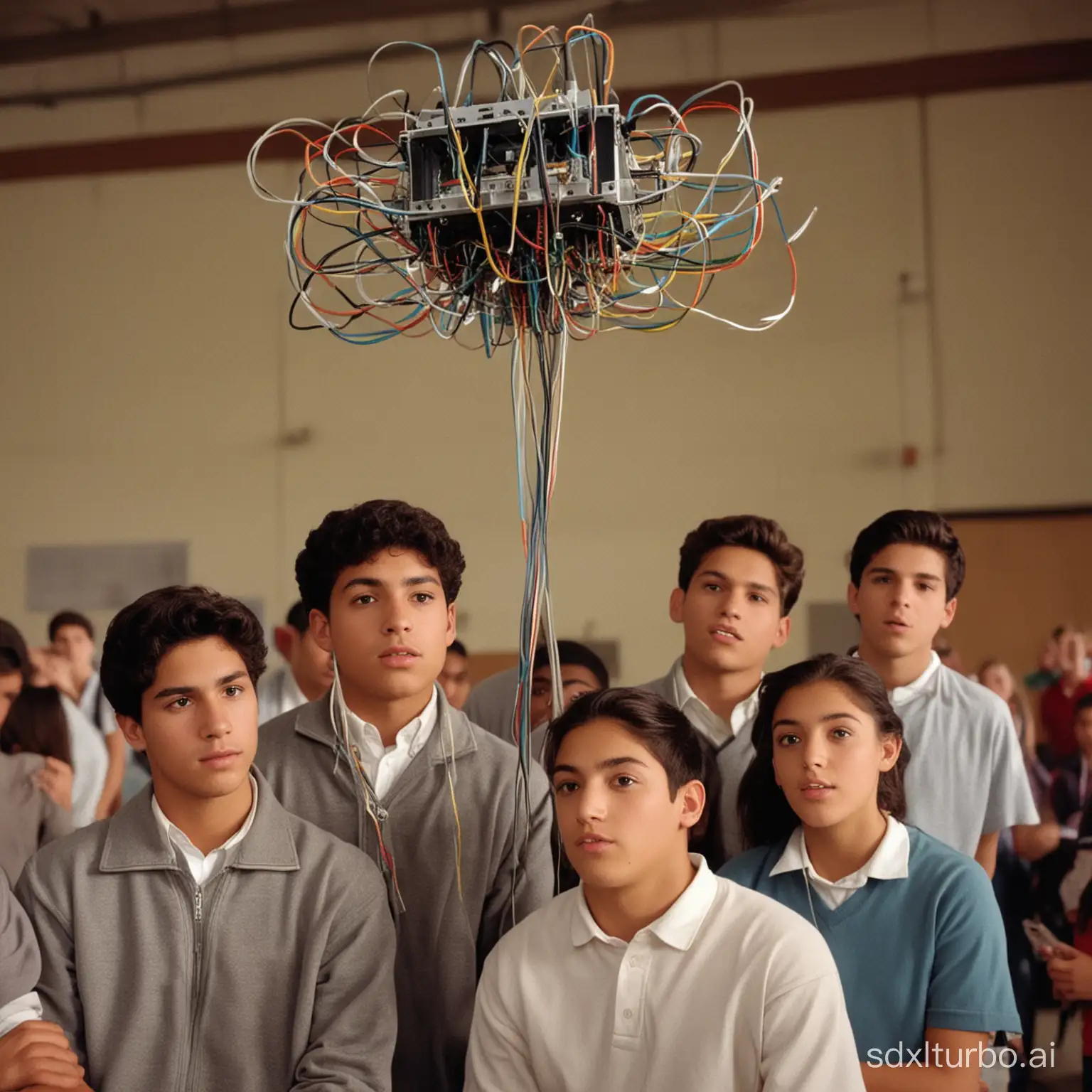 a group of latino high school students in the gymnasium are curious about the invention on top of one students' head. It has a lot of wires and motors. Styled like a TV commercial.