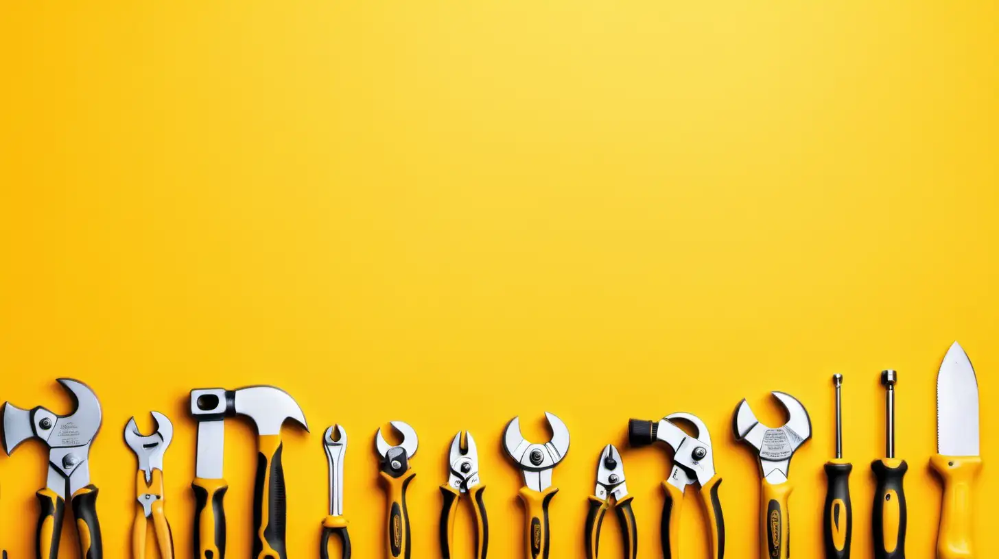 Hand tools on yellow background with text space