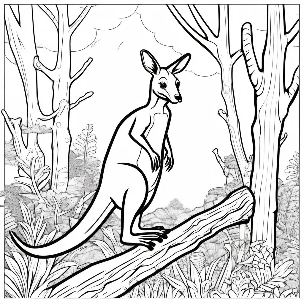 /imagine colouring page for kids, Kangaroo Rex balancing on a  trunk, Thick Lines, low details, NO SHADING --ar 9:11