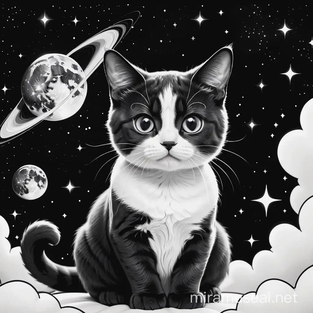 Cat in Cosmic Black and White Intricate Coloring Page