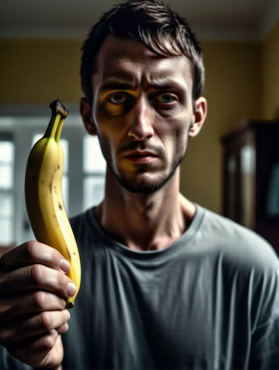 A hyper realistic photo of a really sad man holding a really tiny small single banana in both hands in a house background 