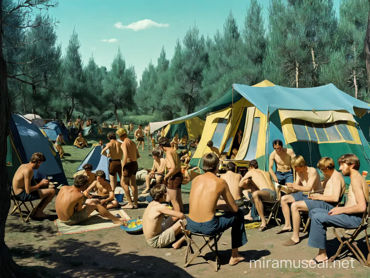 Vintage Camping Scene Youthful Summer Retreat in Van Gogh Style