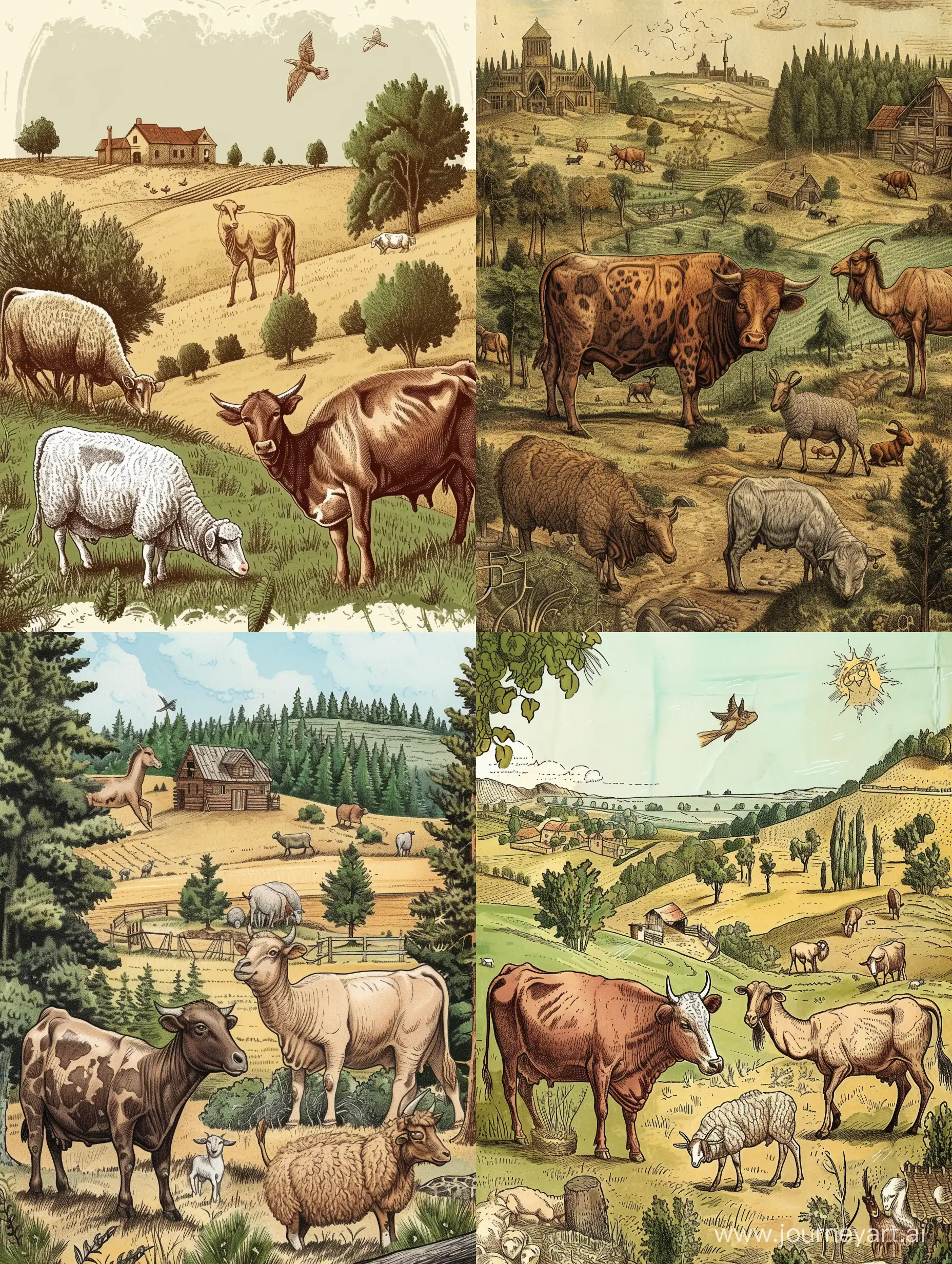 a cow a sheep a goat a camel and a bull in a farm there are some trees in the field in old style illustration, highly detailed, cs 5:7

