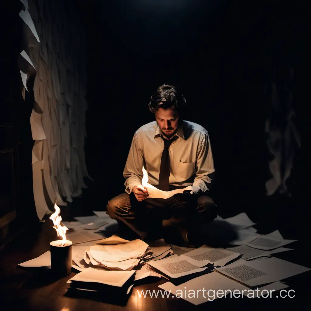 Poet-Surrounded-by-Darkness-and-Flames-Amidst-Paper-Sheets