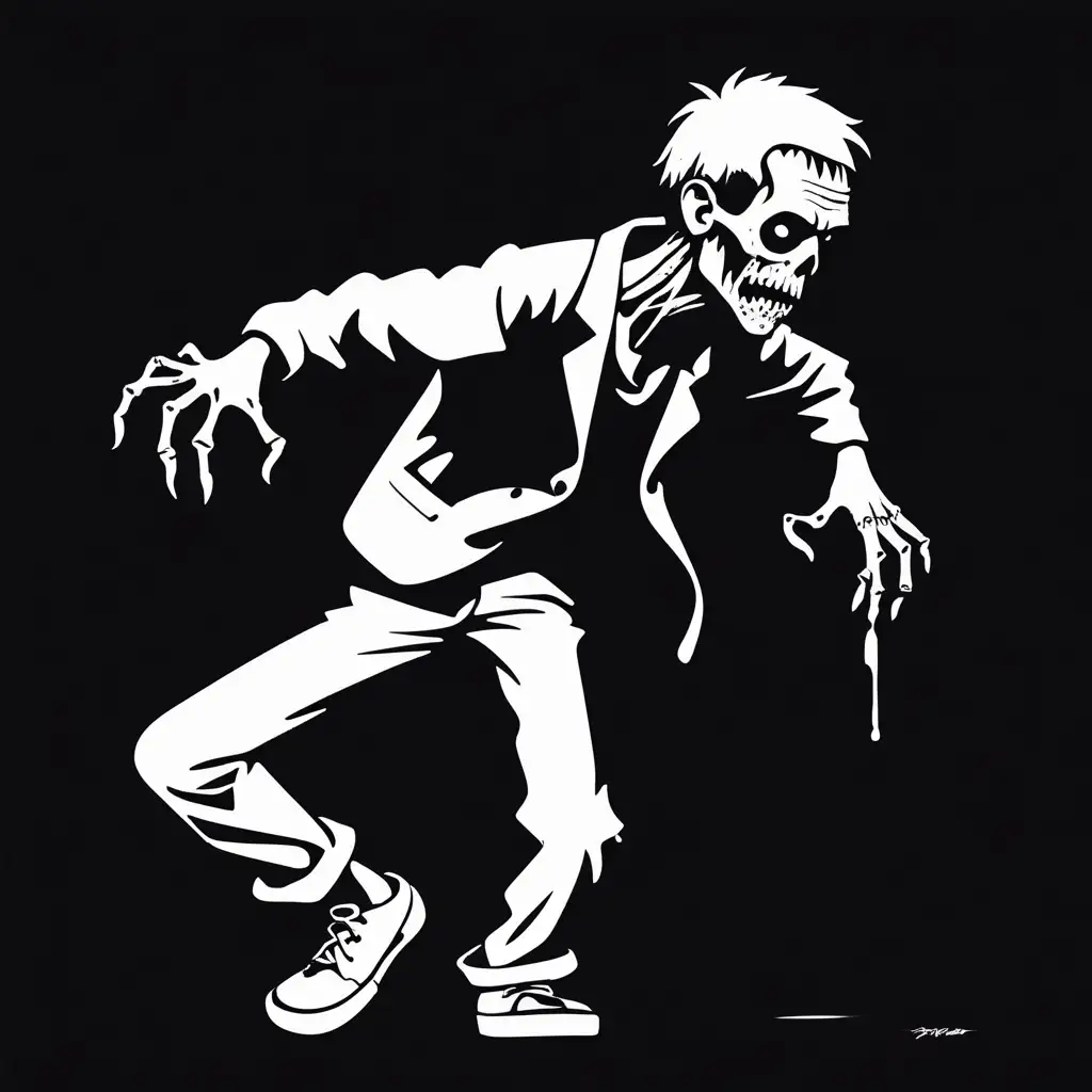 stencil, minimalist, simple, vector art, black and white, black background, zombie in the style of banksy