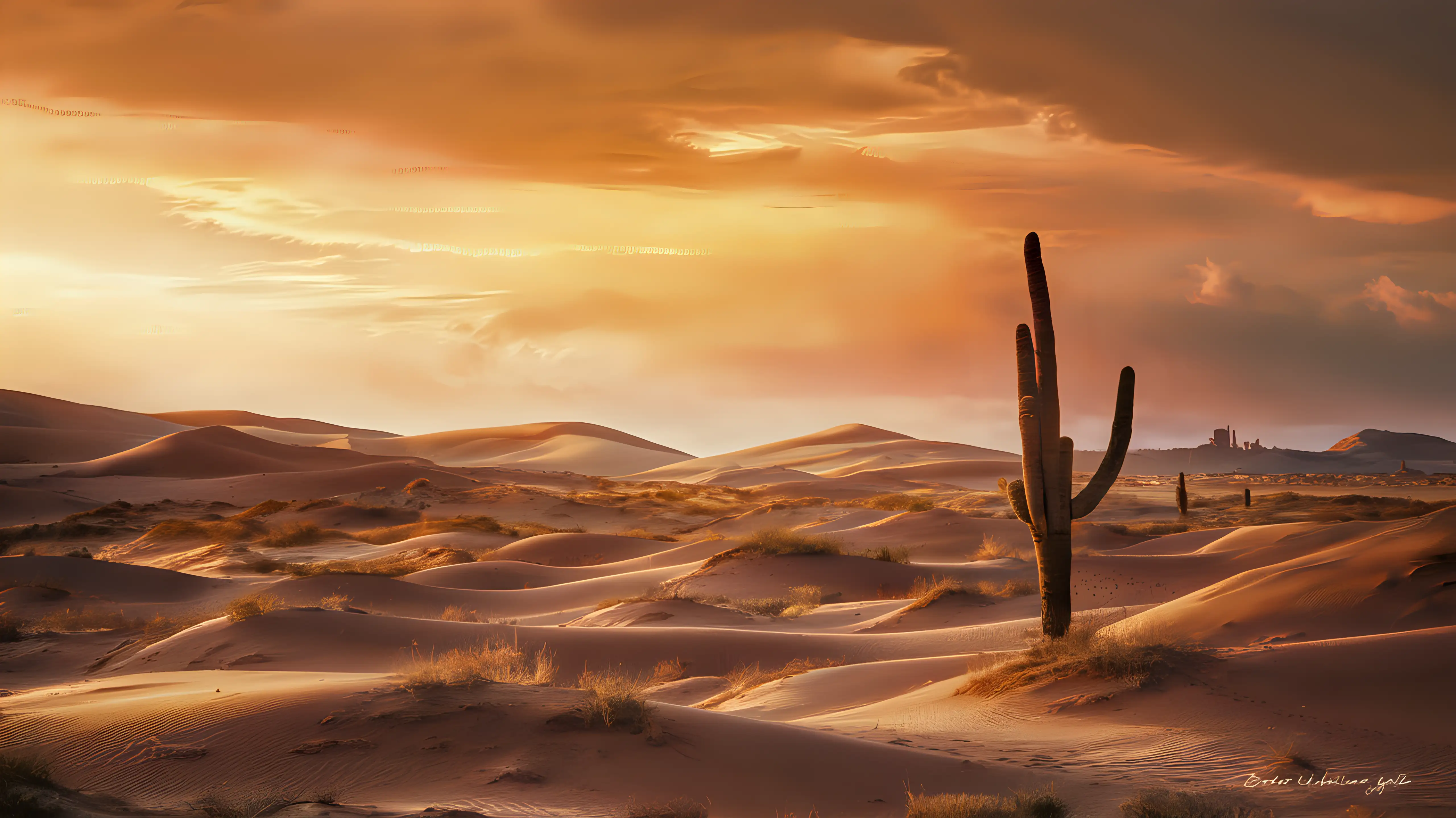 Golden Hour Desert Landscape with Dunes and Mesas
