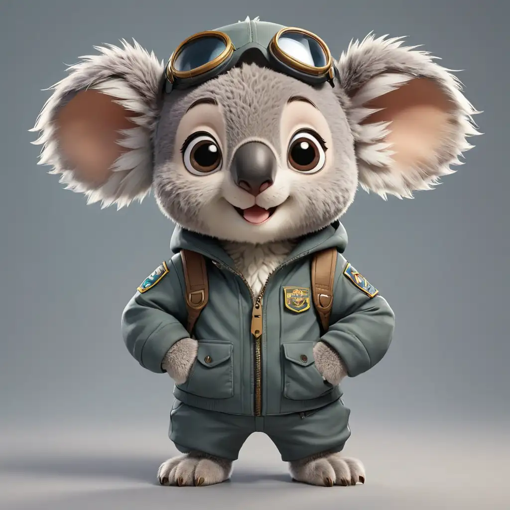 a cute happy koala in cartoon style in full body with big eyes with pilot clothes with clear background