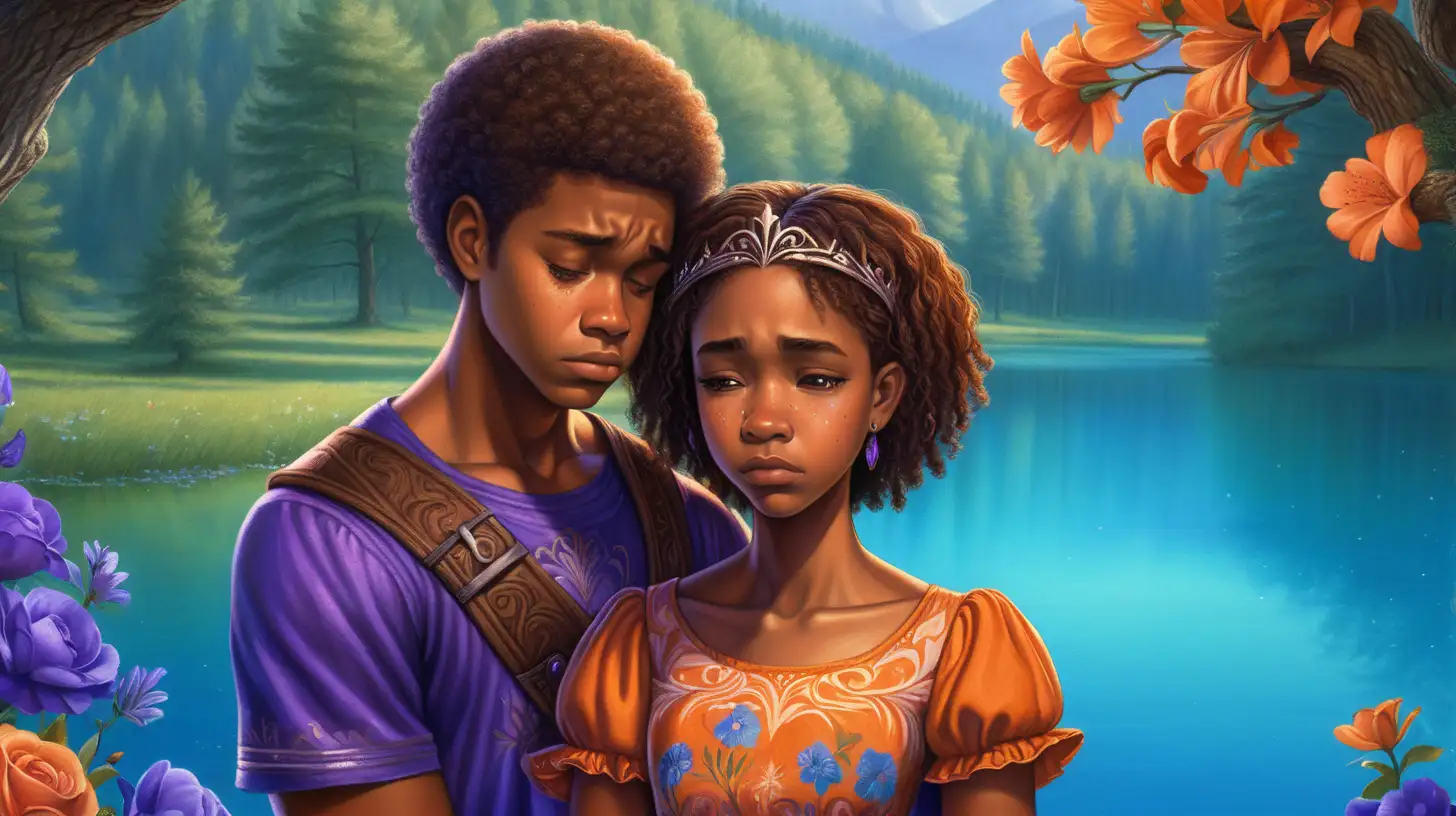 African-American teenage boy wearing t-shirt and jeans. Holding a sad African-American teenage-girl, wearing an elegant princess-medieval orange dress, she's crying in his shoulder. Surrounded by blue and purple floral forest, 8K. Bright purple lake
