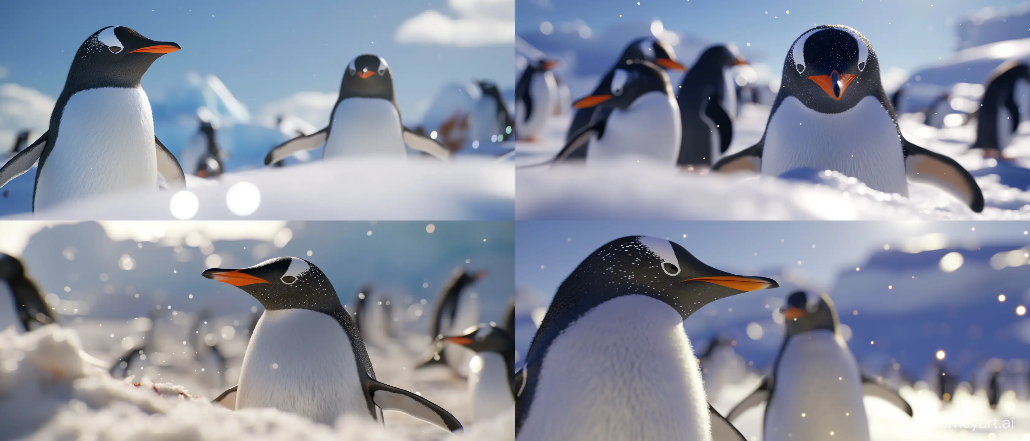 penguins in Antarctica; sunny day; close up on some objects in the scene with advanced blurring techniques in specific parts of the 25 percent of the objects in close up and the other 75 percent of the objects in close up without blur and with absurd 32k detailed quality, these objects in close up must be with a slightly larger size; using all the graphic, lighting, design and scenery techniques of the most hyper-realistic and current animations of the last generation; Ray tracing at an absurd and exaggerated level; 32k; absurd details; advanced mirroring techniques; better CGI; advanced blurring techniques in some specific points; advanced lighting techniques; cinematic style; Blurred
 bottom; some points of blurred lights in different sizes present towards the bottom; small points of light throughout the image; Parts of the image and the parts that were not blurred with as much absurd detail as possible in 32k quality; --ar 21:9 --v 6.0