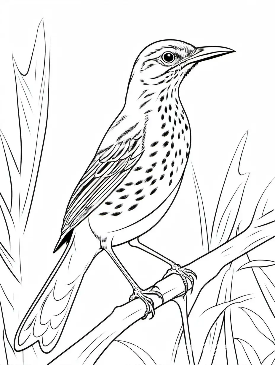 Brown Thrasher, Coloring Page, black and white, line art, white background, Simplicity, Ample White Space. The background of the coloring page is plain white to make it easy for young children to color within the lines. The outlines of all the subjects are easy to distinguish, making it simple for kids to color without too much difficulty