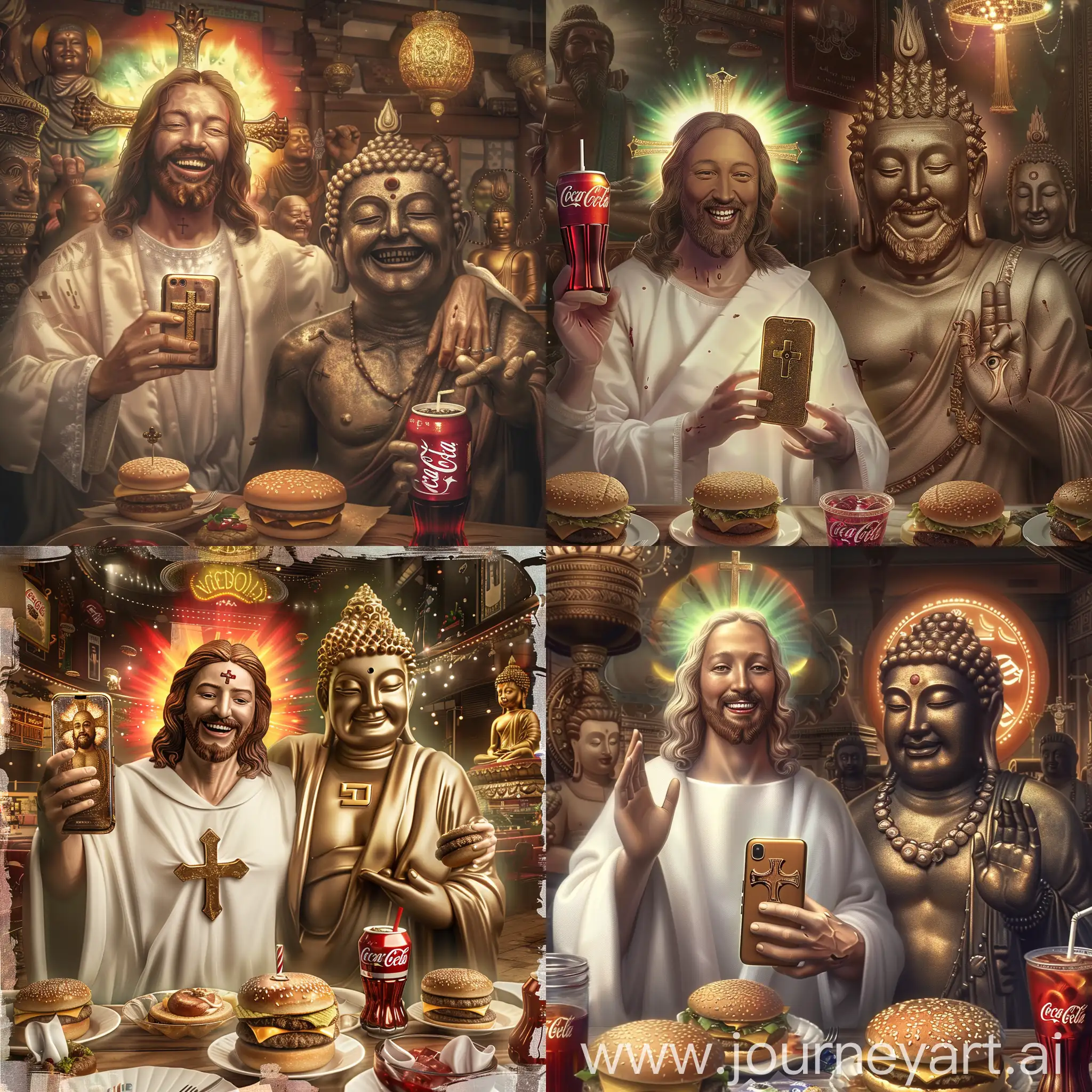 real historic photo mode:

a smiling and elegant Jesus in white robe, he holds a bronze smartphone with a Christian cross on it,

Jesus has aurora behind his head,

next to Jesus, there is an elegant and smiling Indian Buddha with aurora behind his hand,

they are inside a holy fast food restaurant, hamburgers and Coca-Cola are on their dinner table,