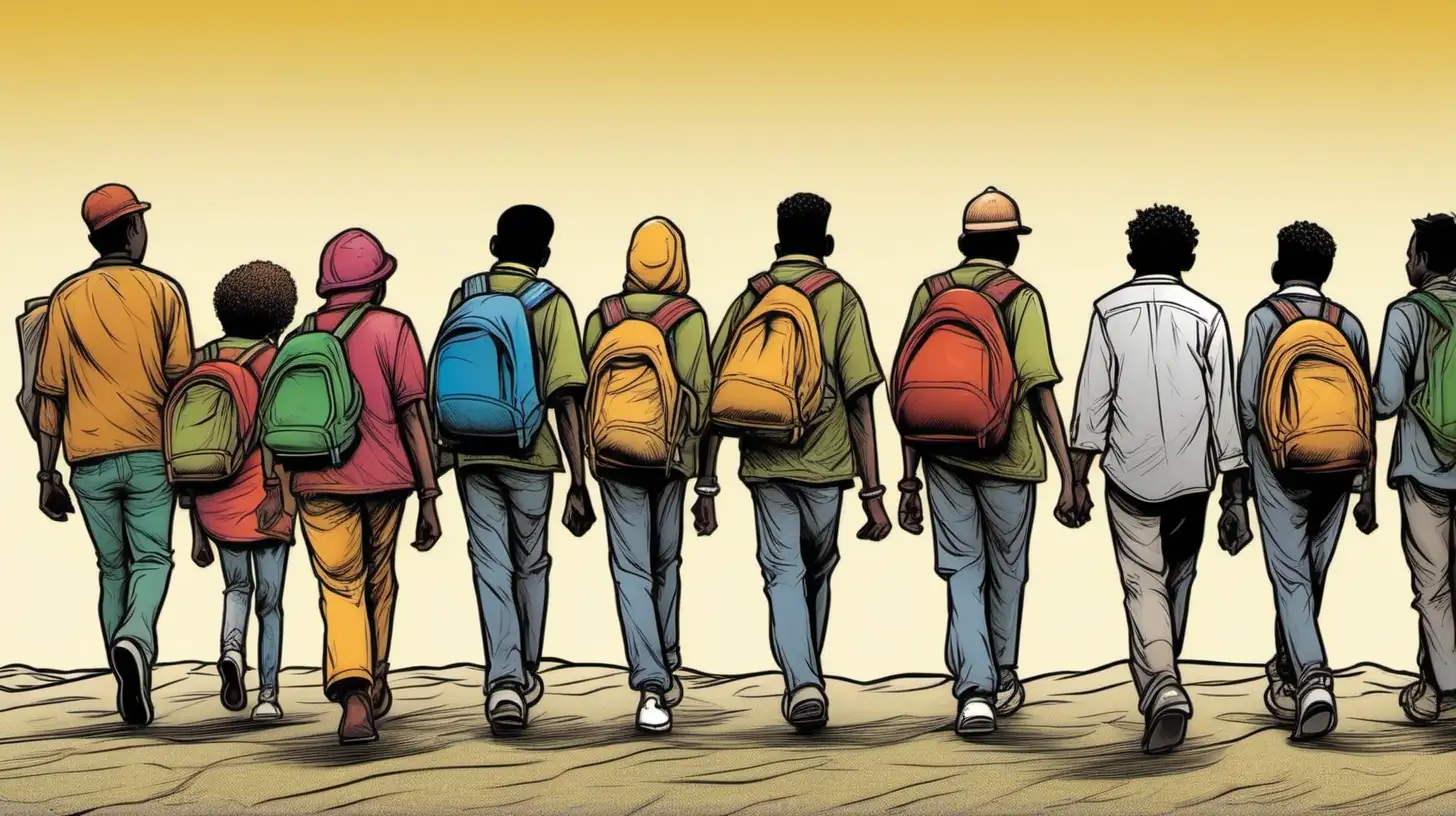 side view of cartoon migrants in color walking away