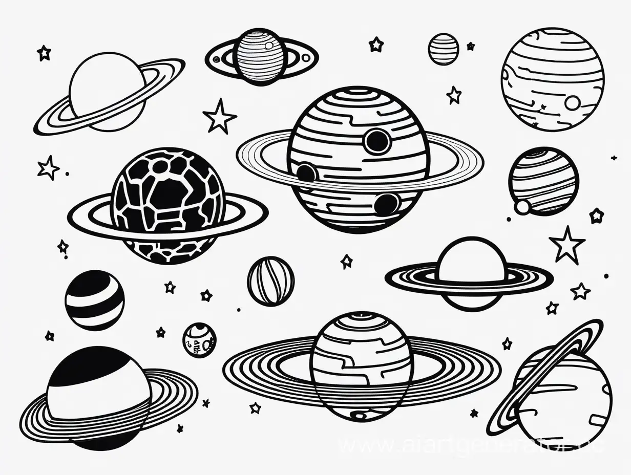 Contrastive-Space-Exploration-Black-and-White-Planets-and-Ships-on-White-Background