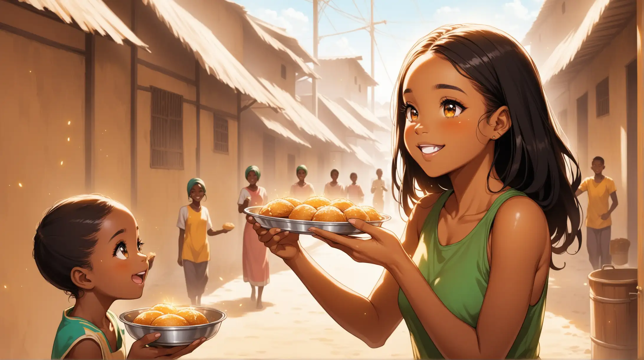  wide shot Lily a cheerful light skin ebony girl with a spark of kindness in her eyes,  feeding the poor