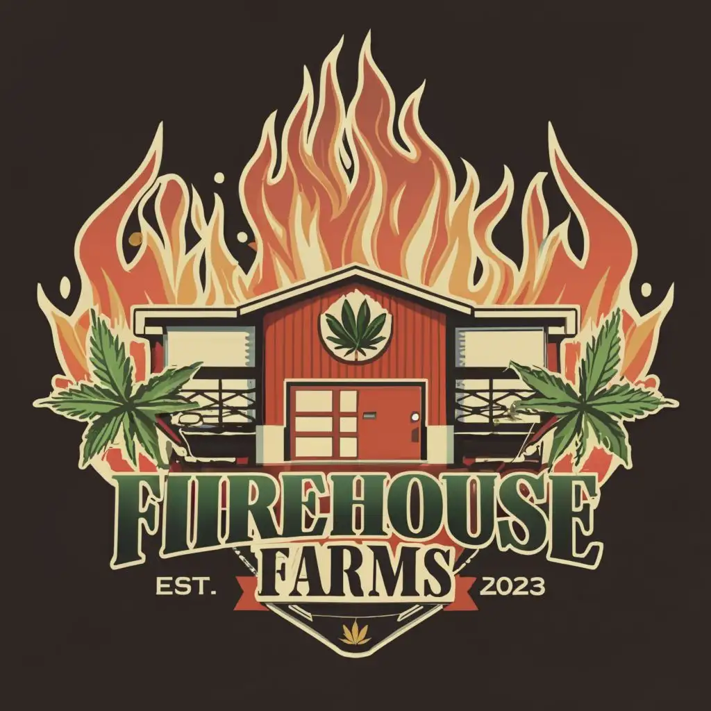 sticker logo , Fire Station Cannabis Leaves Flames Smoke, with the text "Firehouse Farms", typography with EST. 2023