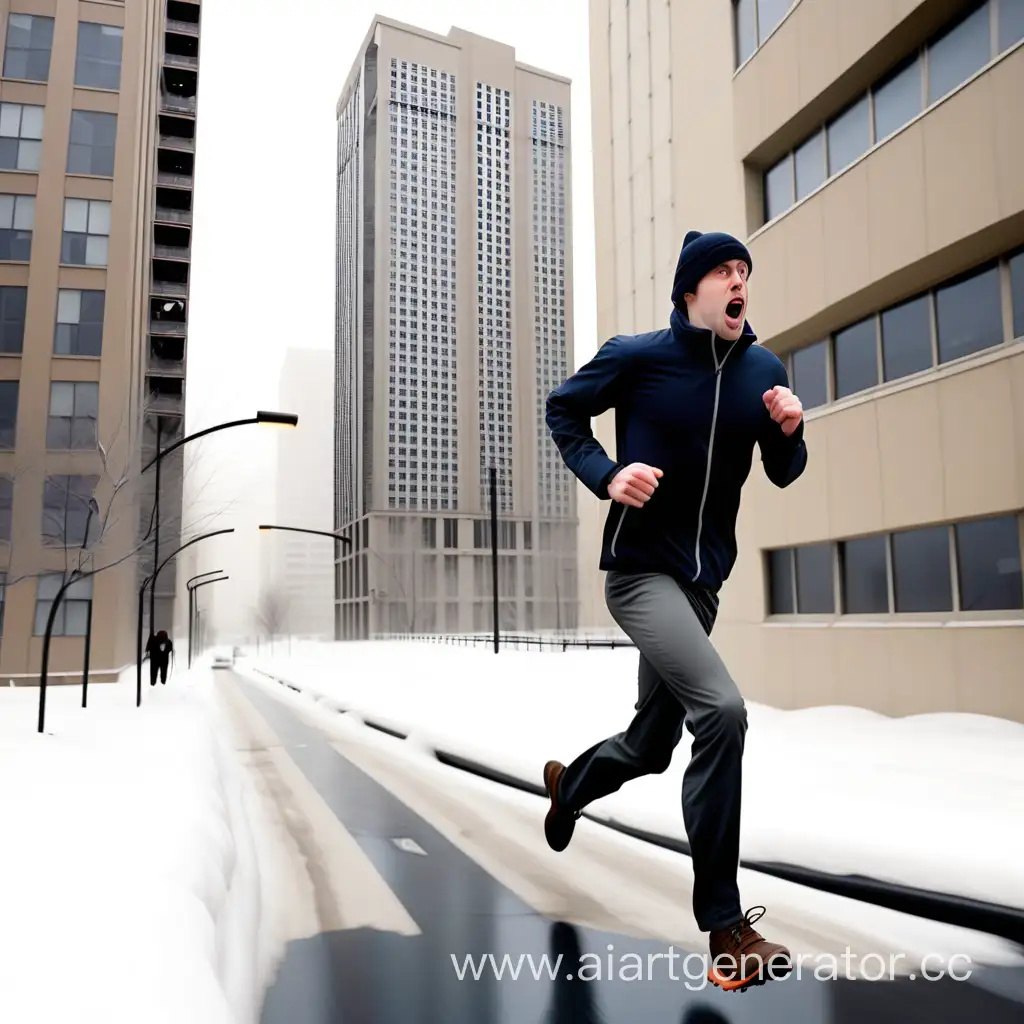 Опаздывающего парня бегущего на работу от 25 этажного дома, зимой