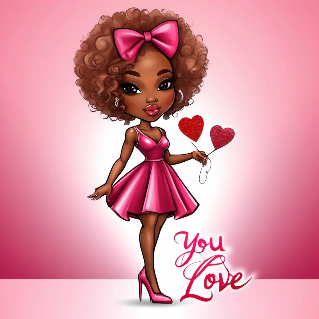 create a beautiful African-American chibi woman with a short natural stylish haircut in golden brown, she's standing in a hallway with a Valentine's Day theme and on the left side of the card with a glamorous pink and red dress with pink high heel shoes, silver jewelry and on the left it says in script "You deserve love Sis"
