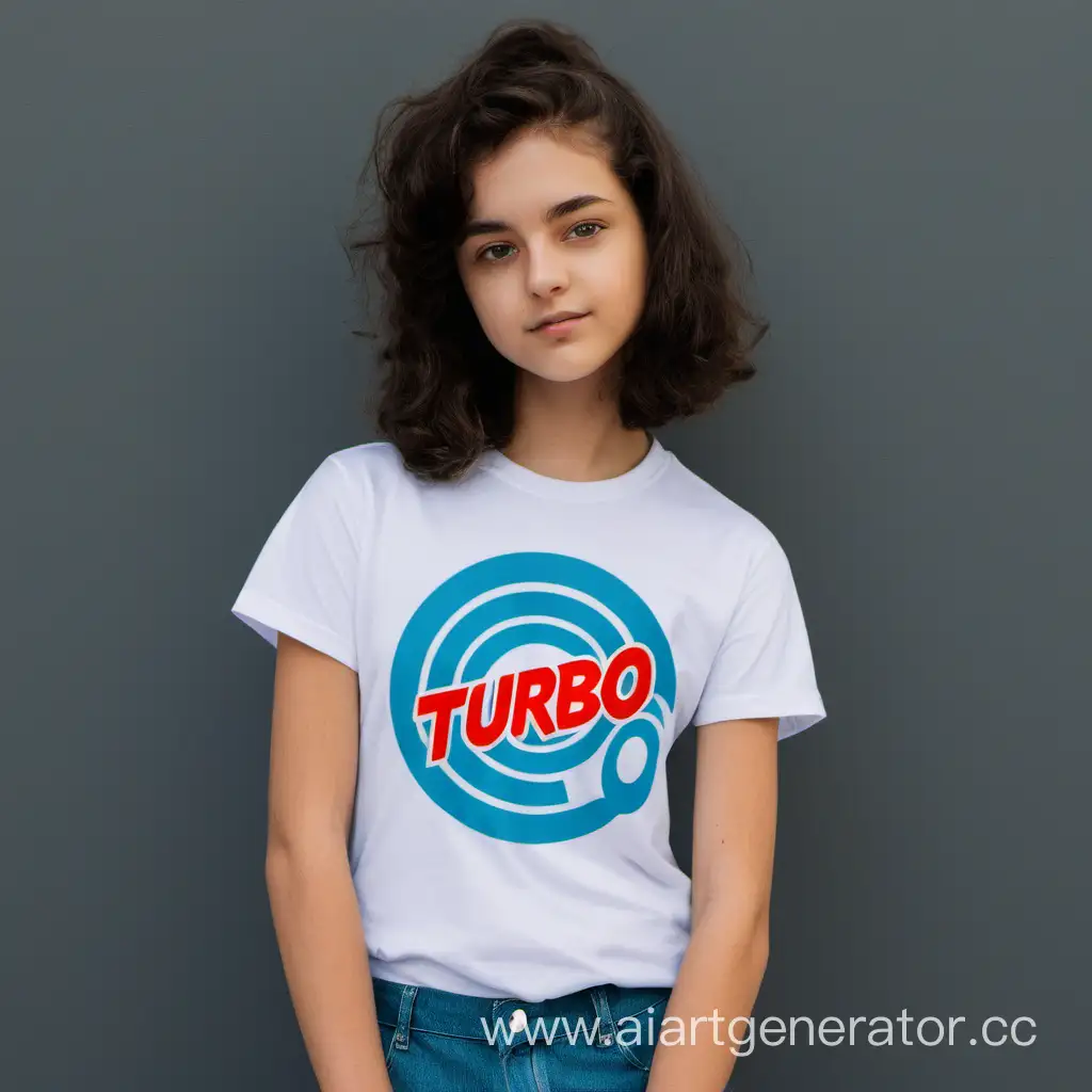 1:1, a girl wearing a T-shirt with "Turbo Text" written in a circular logo shape