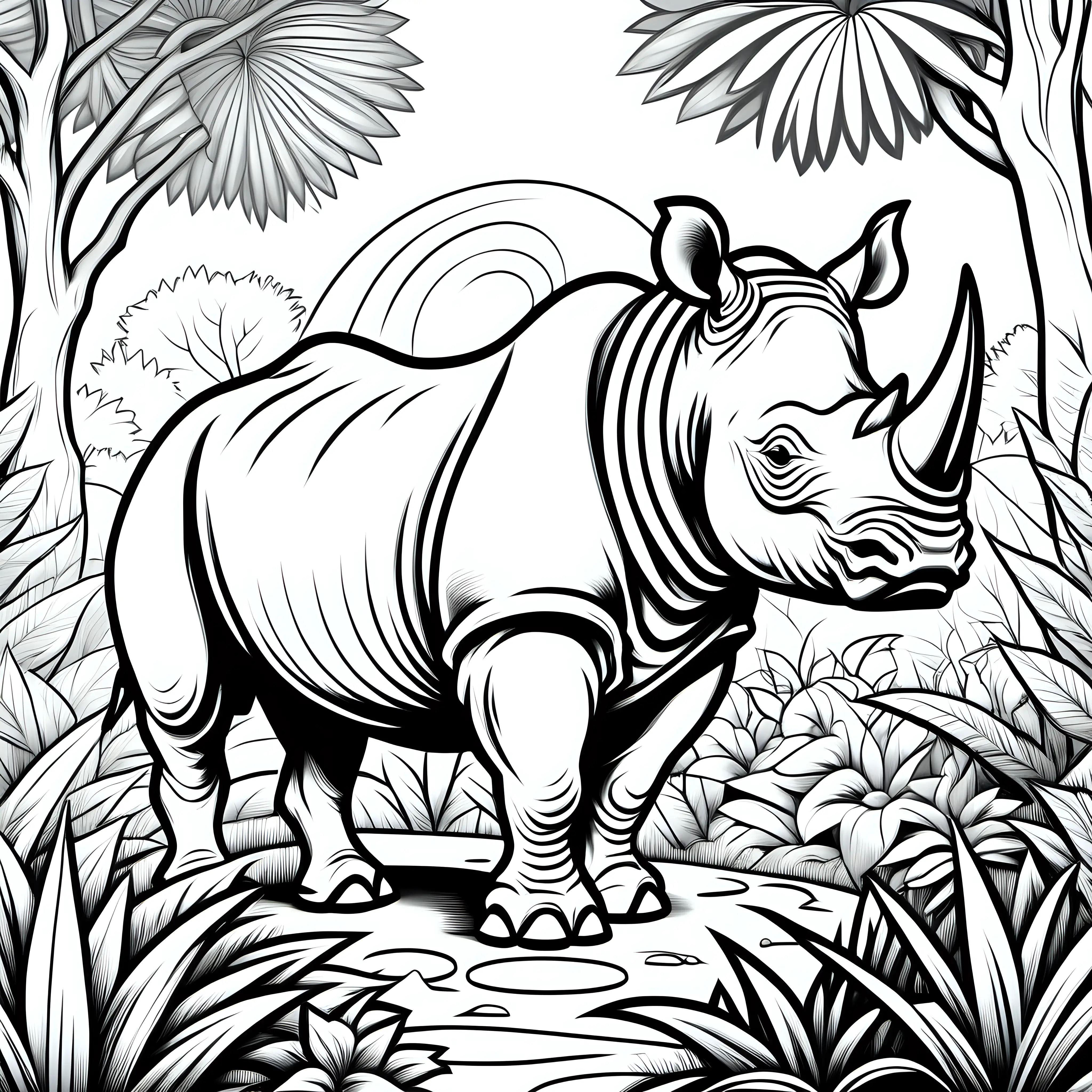 Coloring page for kids, Rhinoceros in Garden of Eden, clean line art