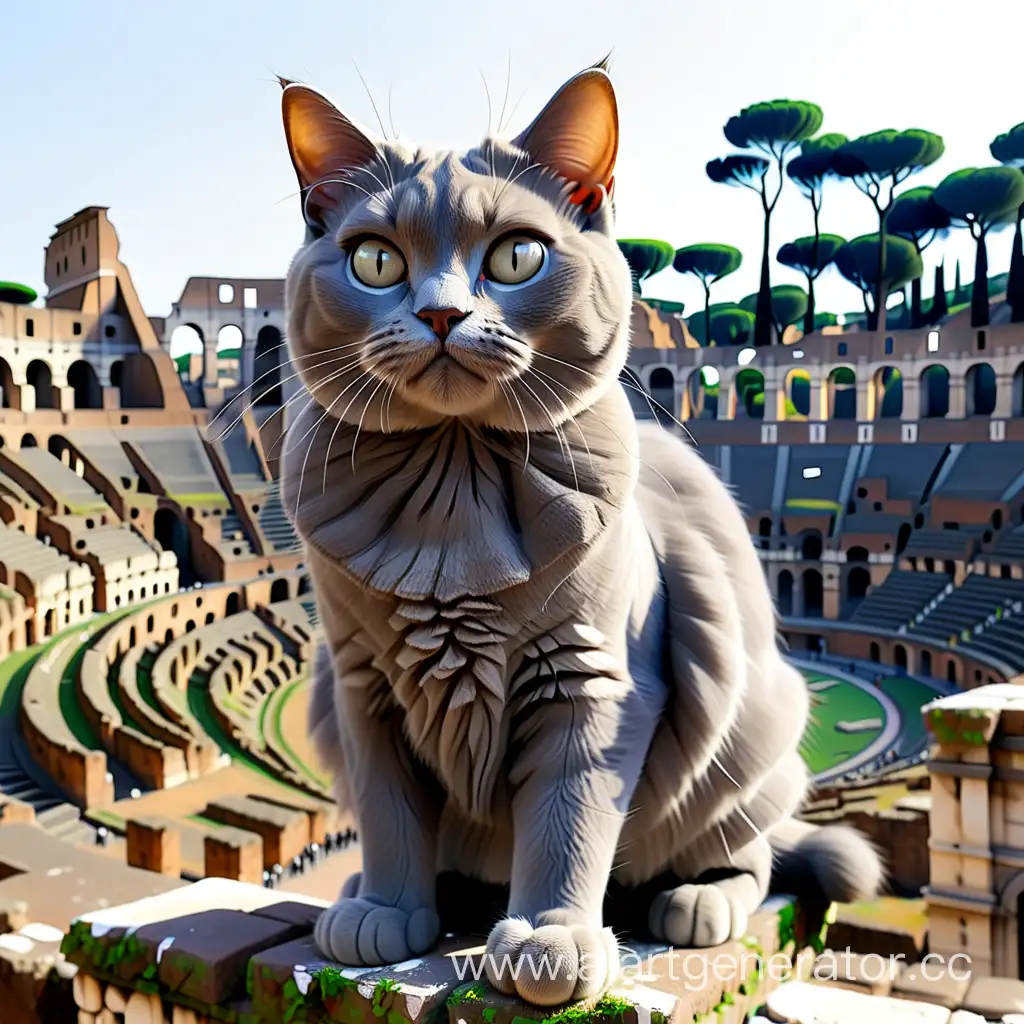 Серый вислоухий кот смотри на развалины амфитеатра в Риме
