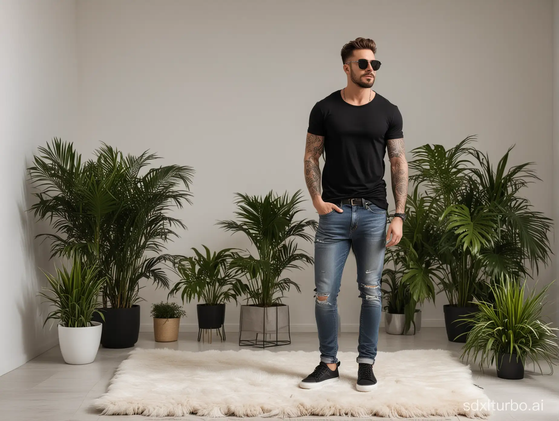 a man standing in a whiteroom with plants and simple lightning in background with standing on white tiger print big fur mat wearing black clean tshirt and both of his hands is inside his denim jeans and also tatto on his both hand and neck and wearing black shady sunglasses and white shoes and has attractive looks and giving model posture