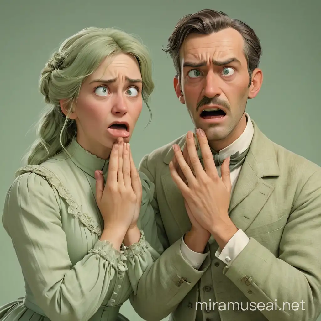 A man and a woman, dressed in late 19th century style, cover their mouths with two hands, about to vomit. Their faces are a pale green hue, you can see they are not feeling well. We see their heads, shoulders and arms completely.There are strictly five fingers on each hand. In the style of realism, 3D animation.
