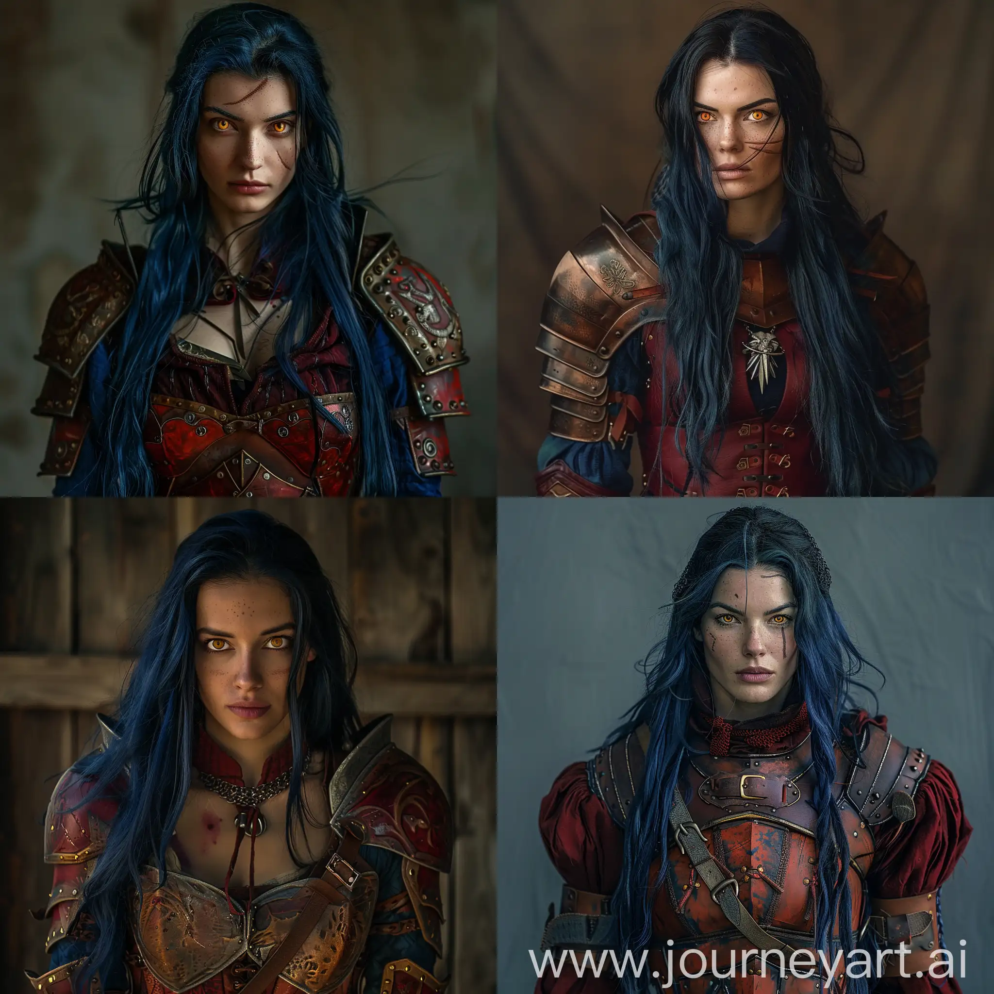 a photographic image of an intimidating woman witcher with dark blue long hair and honey cat eyes. She is tall and with little scars. She is 29 years old dressing in medieval armour with red and brown  colours. As photographed by Josselin Cornillon-Maillard