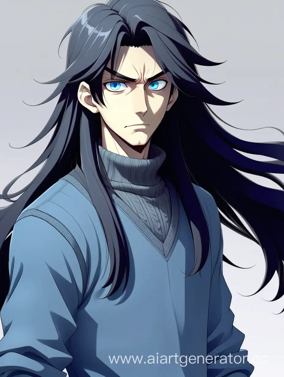 Anime-Character-with-Striking-Gray-Eyes-and-Long-Black-Hair-in-Stylish-GrayBlue-Sweater