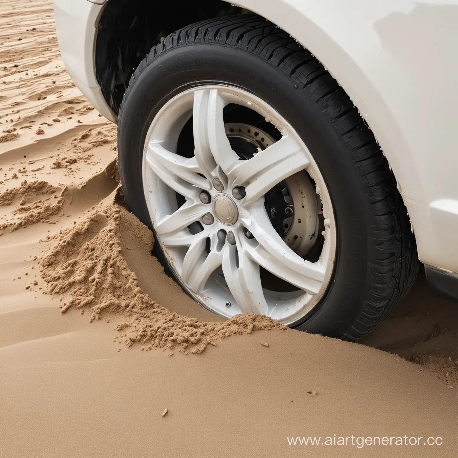 колесо машины белой , которое застряло в песке 