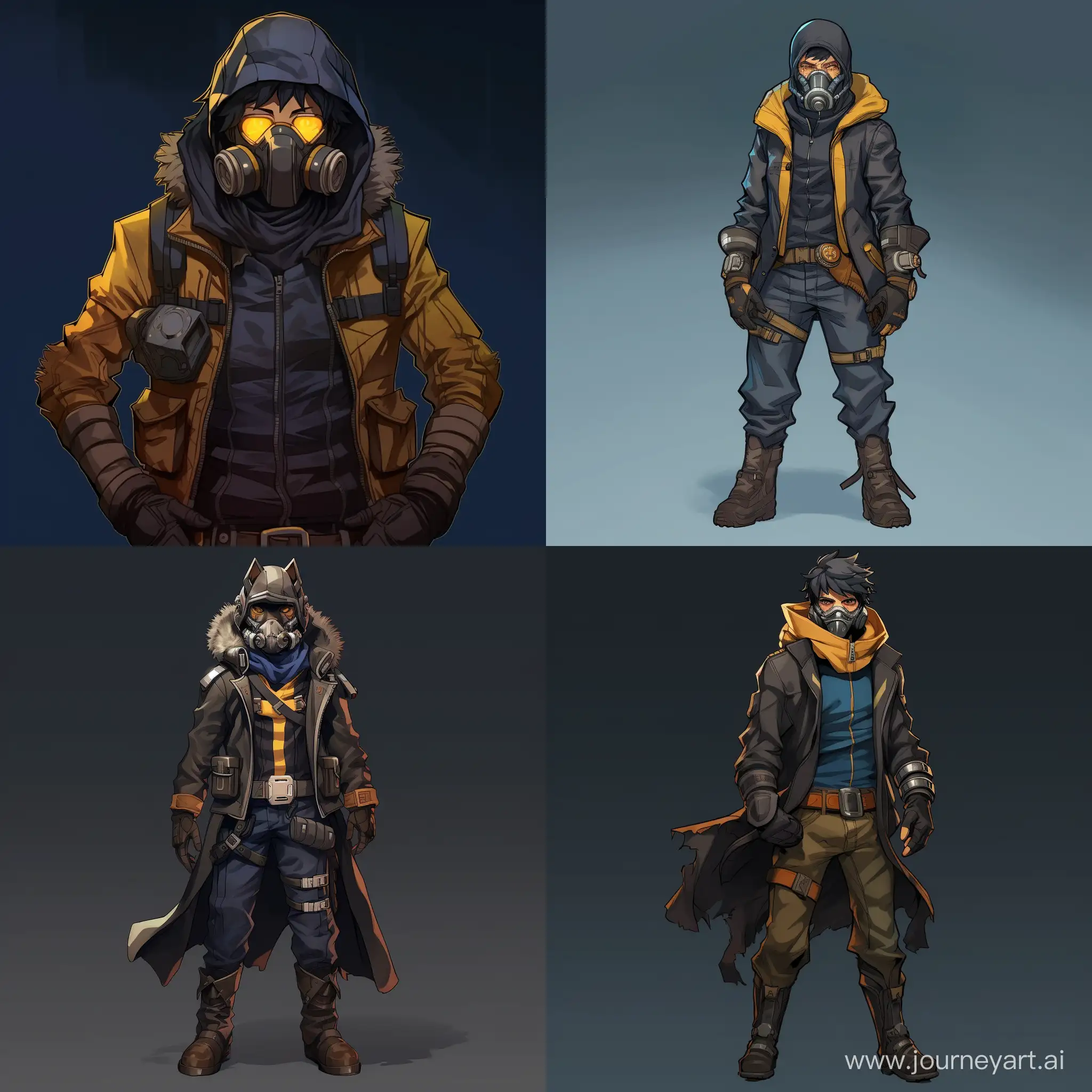 In the style of anime, in full growth. Engineer-scientist with a strong physique. He wears a gas mask with double-filtered, amber-colored lenses. Dressed in a dark blue warm jacket with a hood with fur trim and dark blue jeans. He also wears gray gloves and black combat boots.