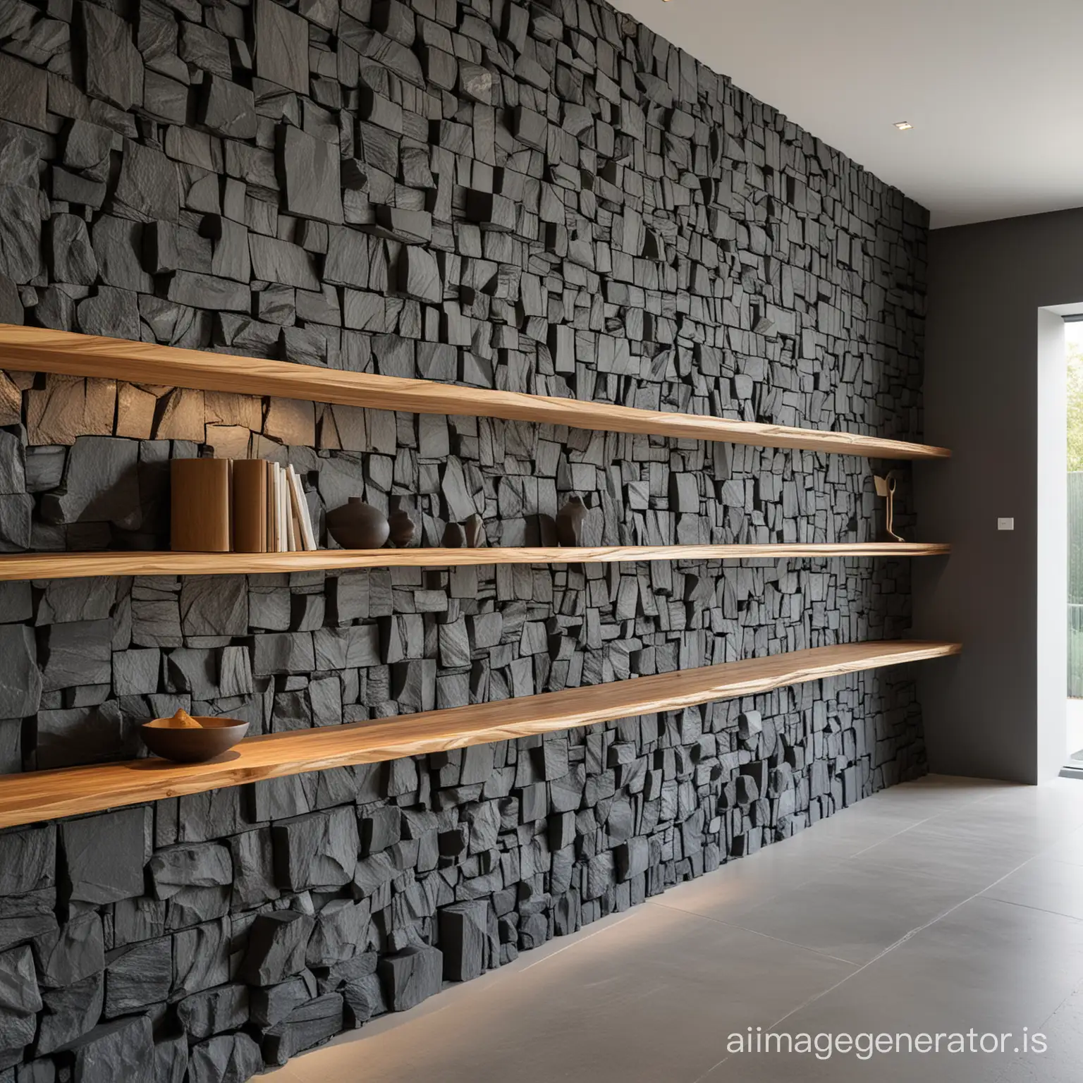 Creative and functional wooden bookcase coving an entire cut basalt stone wall