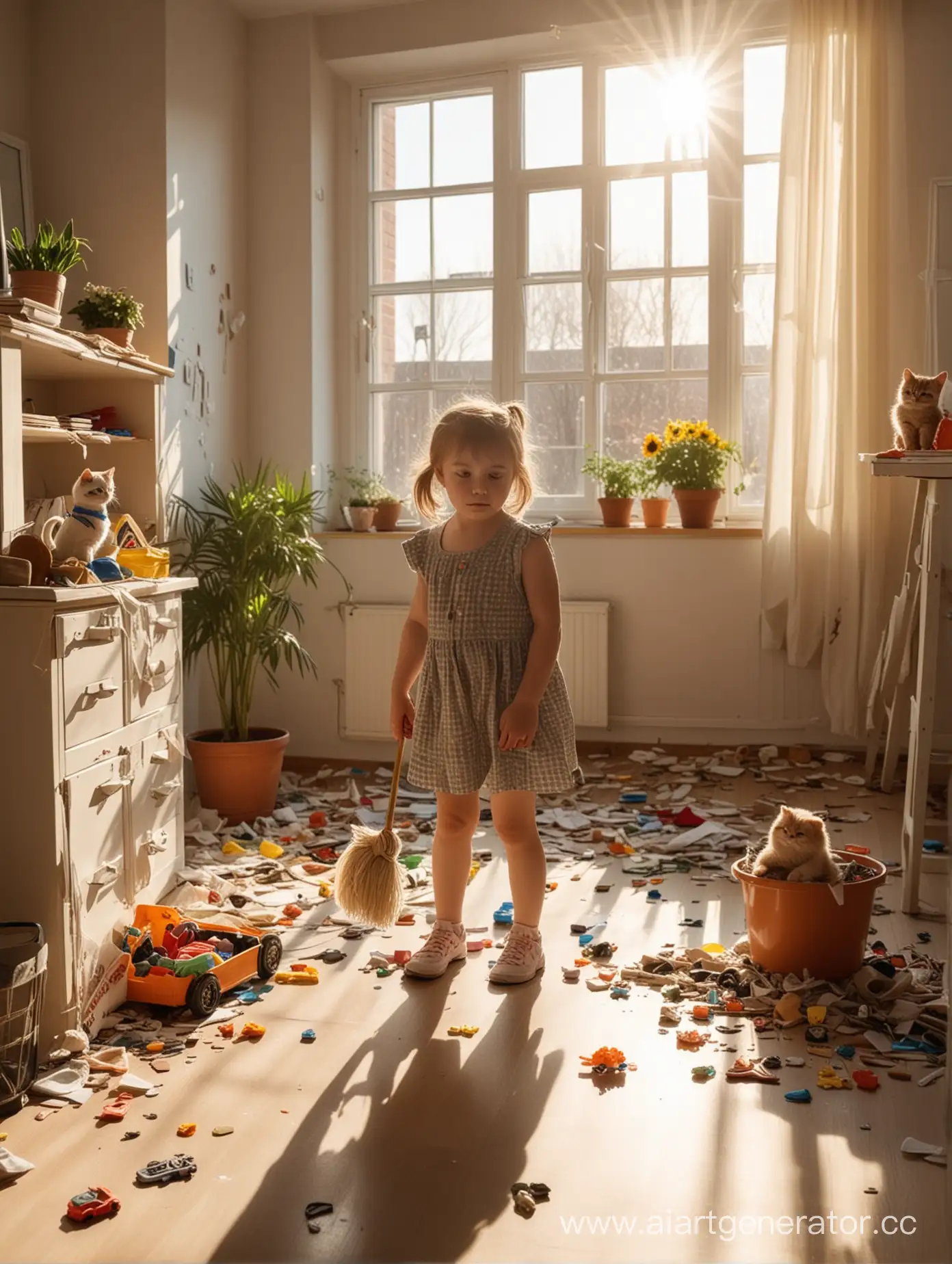 Девушка стоит в зале со шваброй в захламленной комнате с растерянным видом не понимая за что браться. Вокруг фантики, детские игрушки, перевернутый цветок от кота и следы по полу. А за окном замечательно светит  солнышко.
