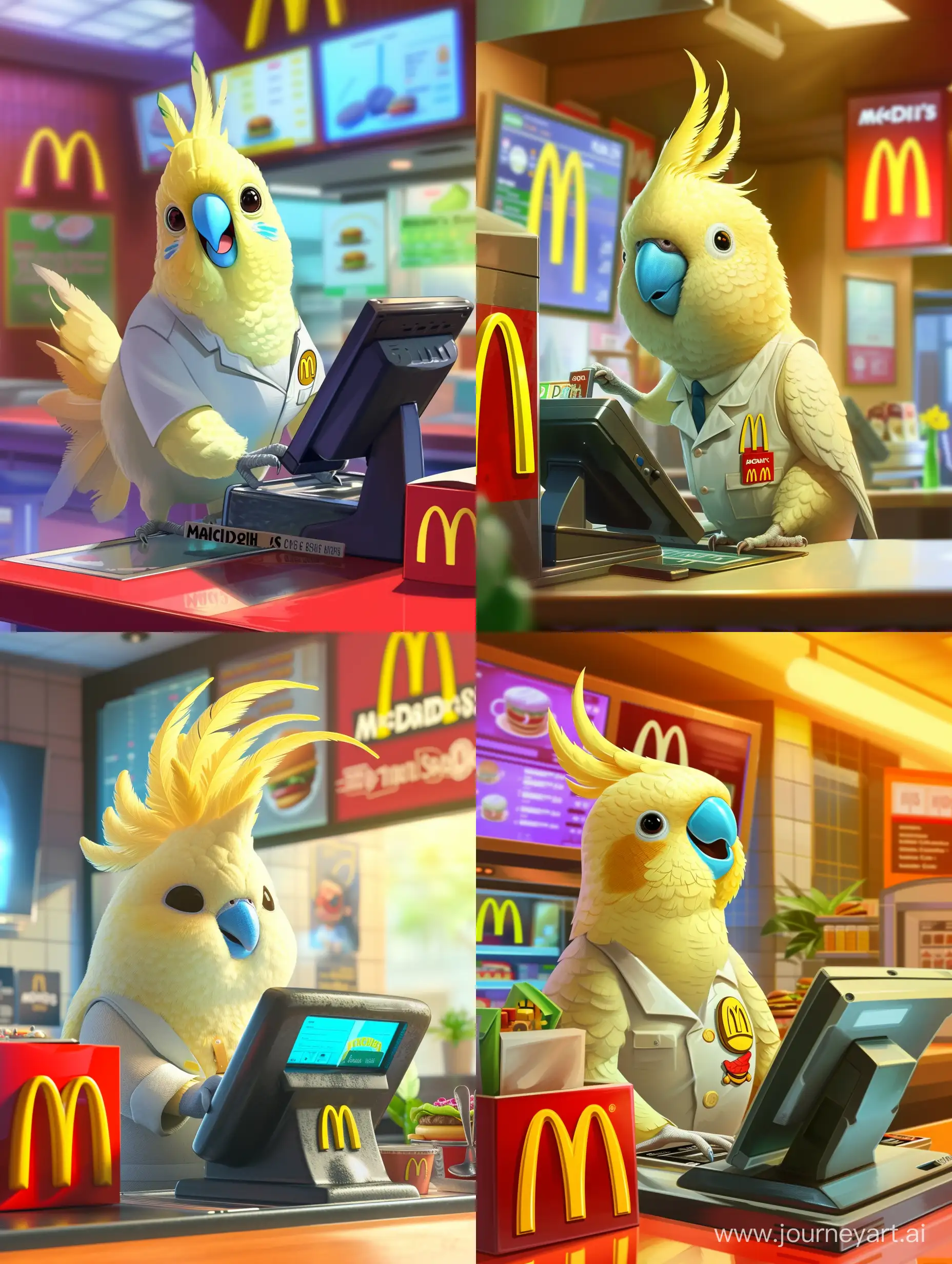 Cheerful-Budgerigar-in-McDonalds-Uniform-Operating-Cash-Register