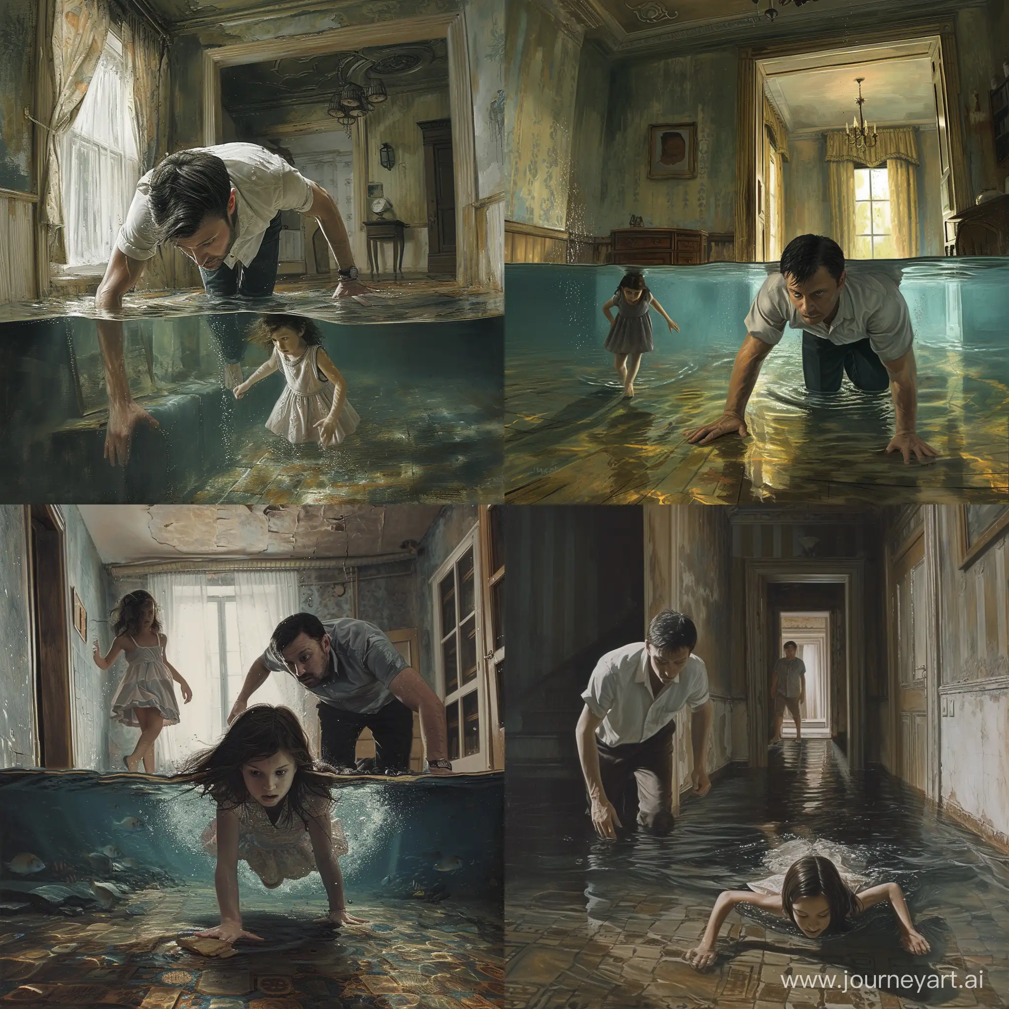 мужчина ползет за ползущей десятилетней девочкой по полу под водой. интерьеры старинного дома.
живопись