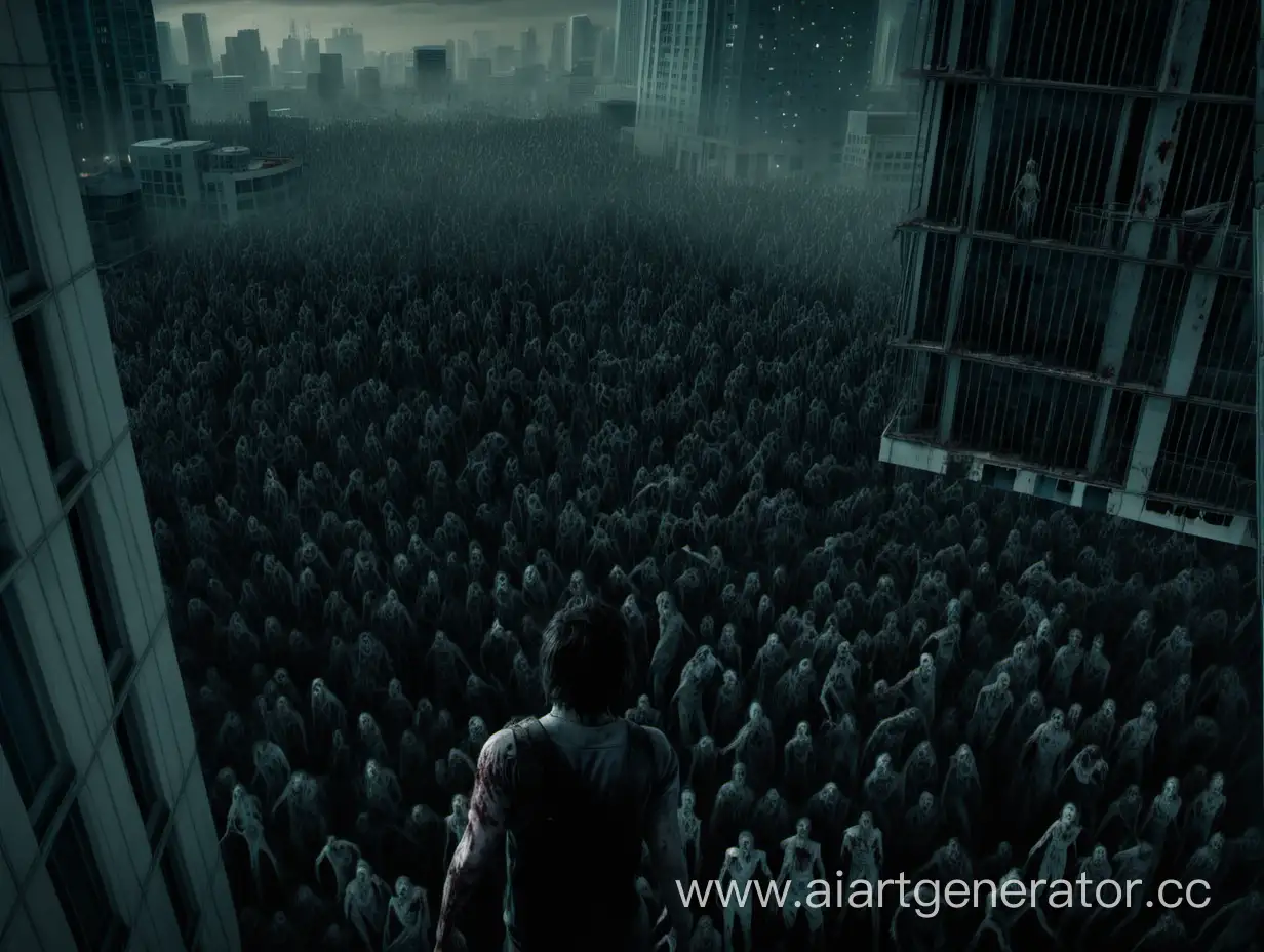 Человек стоит на многоэтажки, а снизу толпа зомби