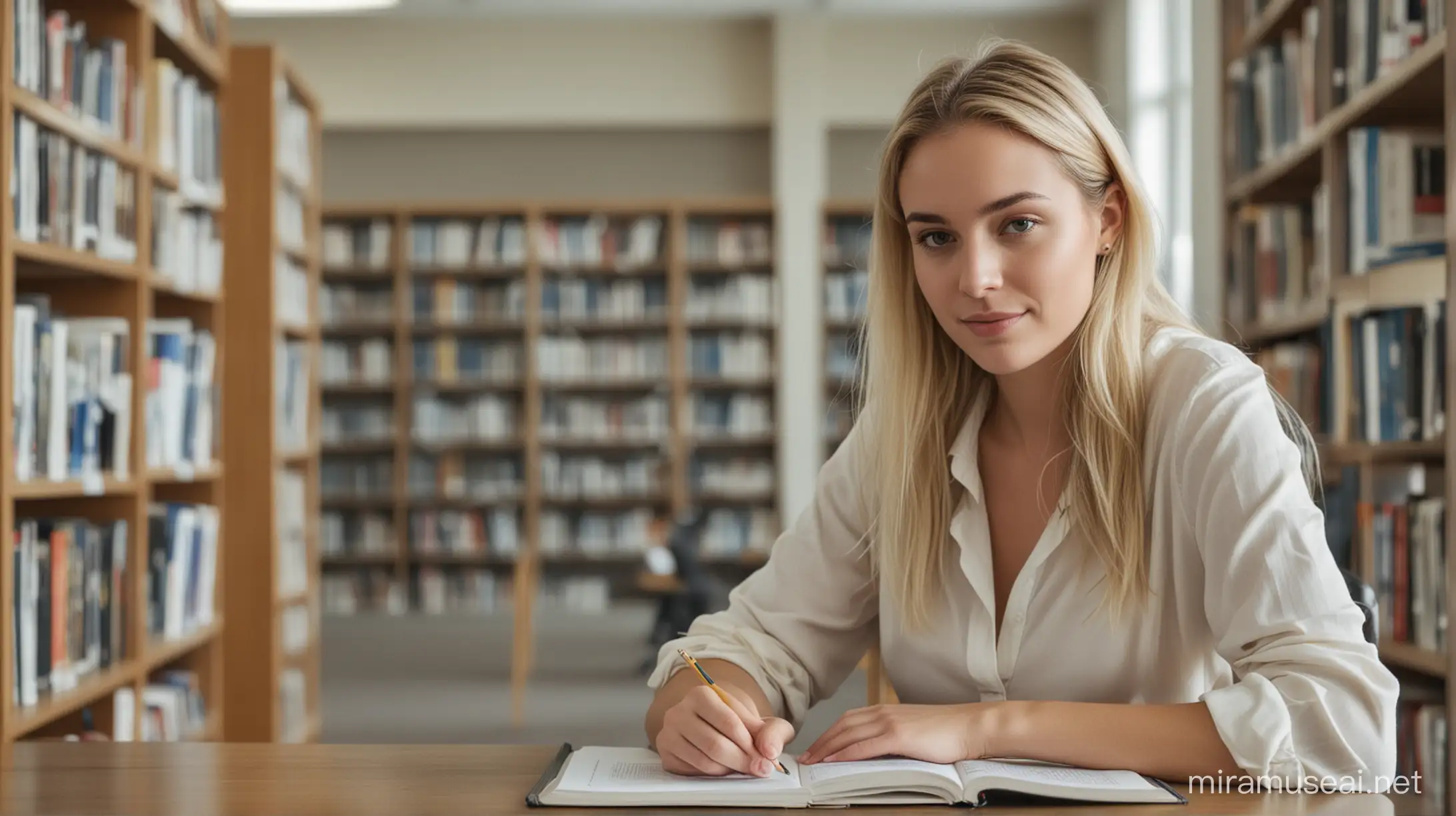 Young Blonde Woman Studying in a Quiet Library