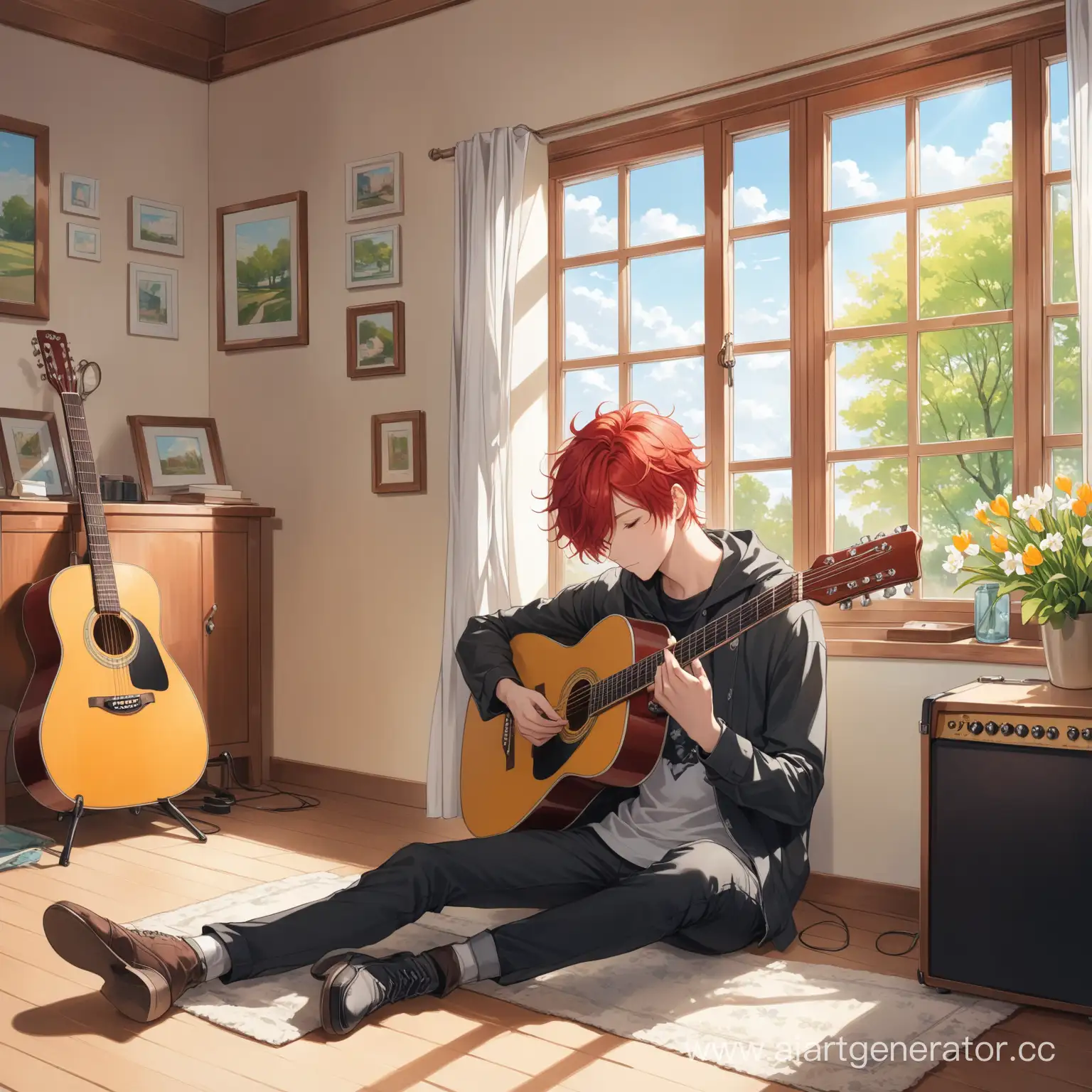 Мальчик с красными волосами, комната , гитара , атмосфера весны , окно