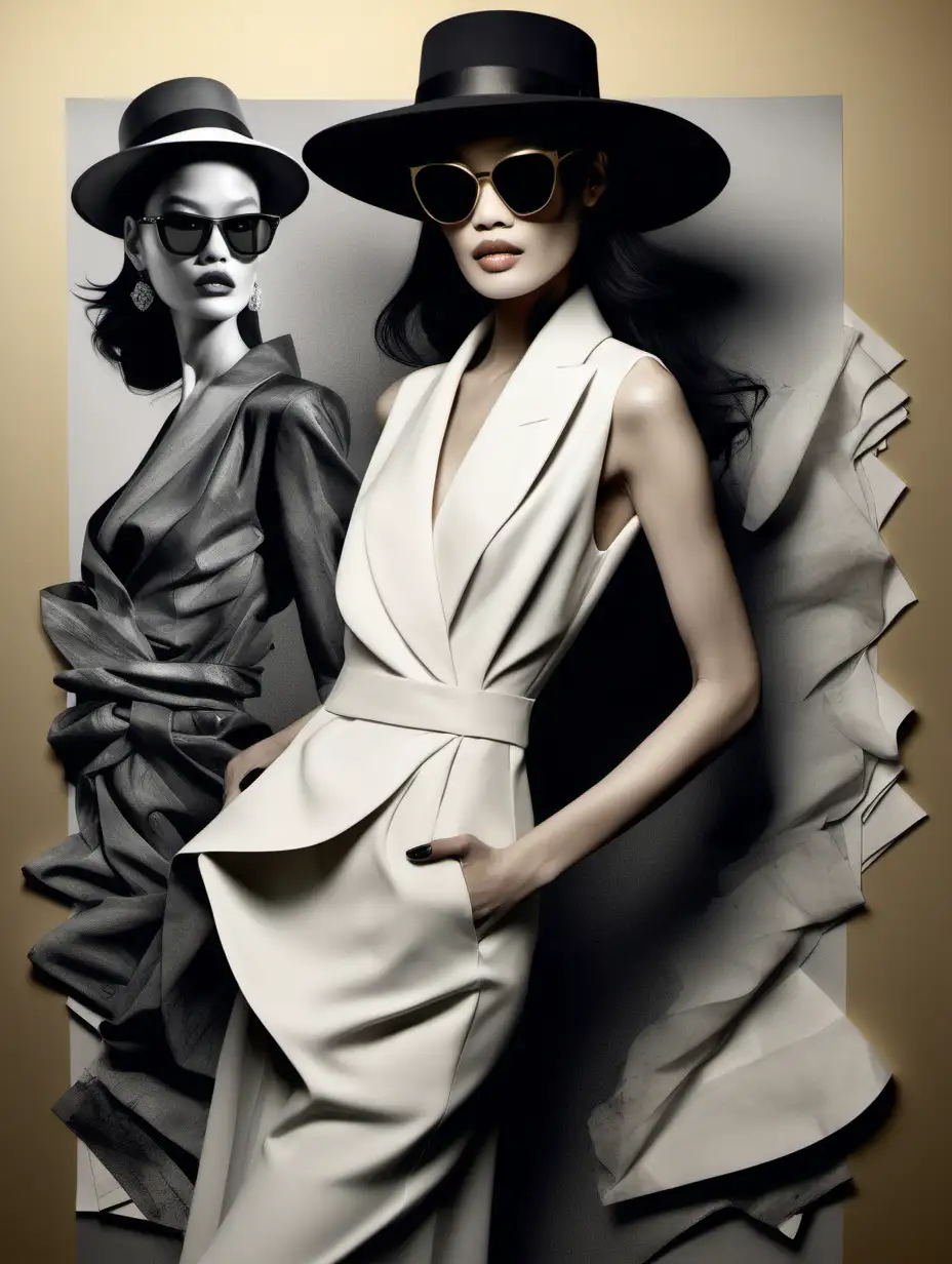 Shu qi draped in an elegant night dress, brands alternating between Dior, Gucci, Armani, hands casually tucked into pockets, topped with a chic hat and sunglasses, imaged with Konstantin Razumov's interpretive flair, Alberto Seveso's digital inking, Eiko Ojala's paper-cut textures, Tracie Grimwood's watercolor touch in a gold and black color scheme, poised at a New Year's Eve gala, ultra-fine details,