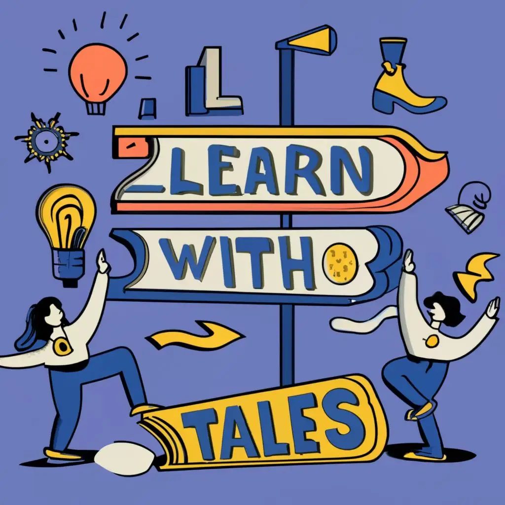 logo, cartoon, with the text "Learn with Tales ", typography